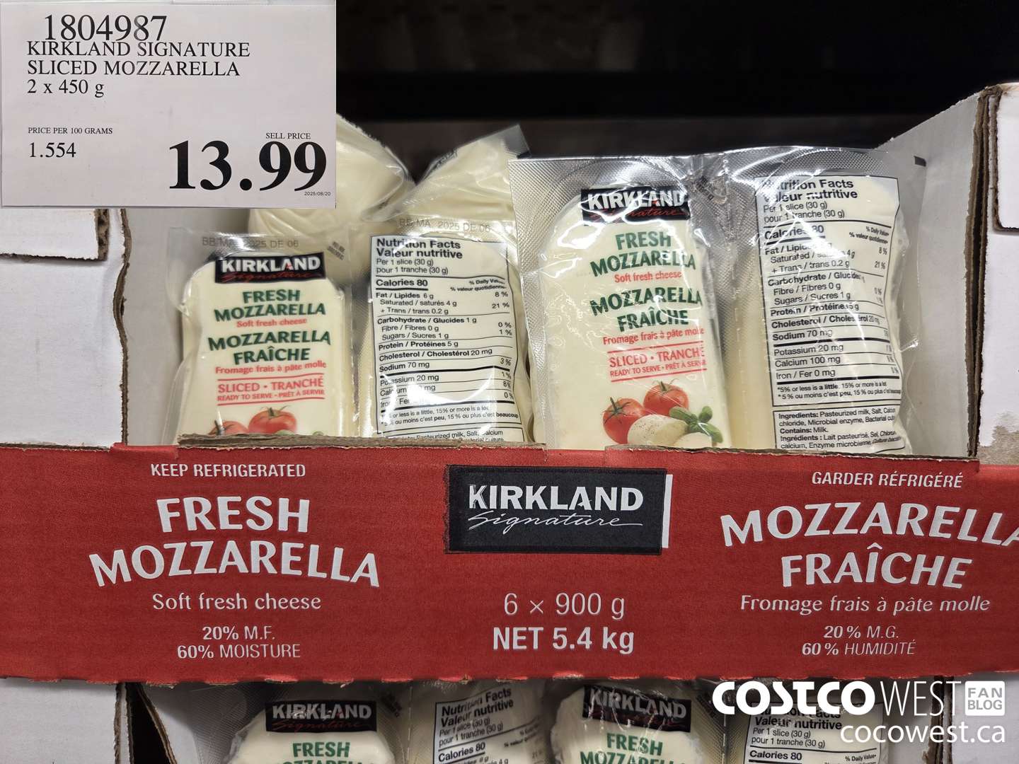 1804987 KIRKLAND SIGNATURE SLICED MOZZARELLA 2 X 450G $13.99
