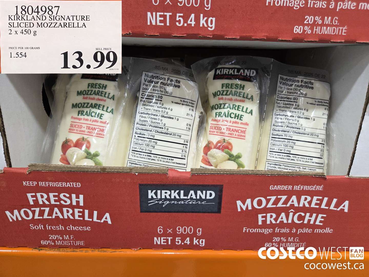1804987 KIRKLAND SIGNATURE SLICED MOZZARELLA 2 x 450 g $13.99