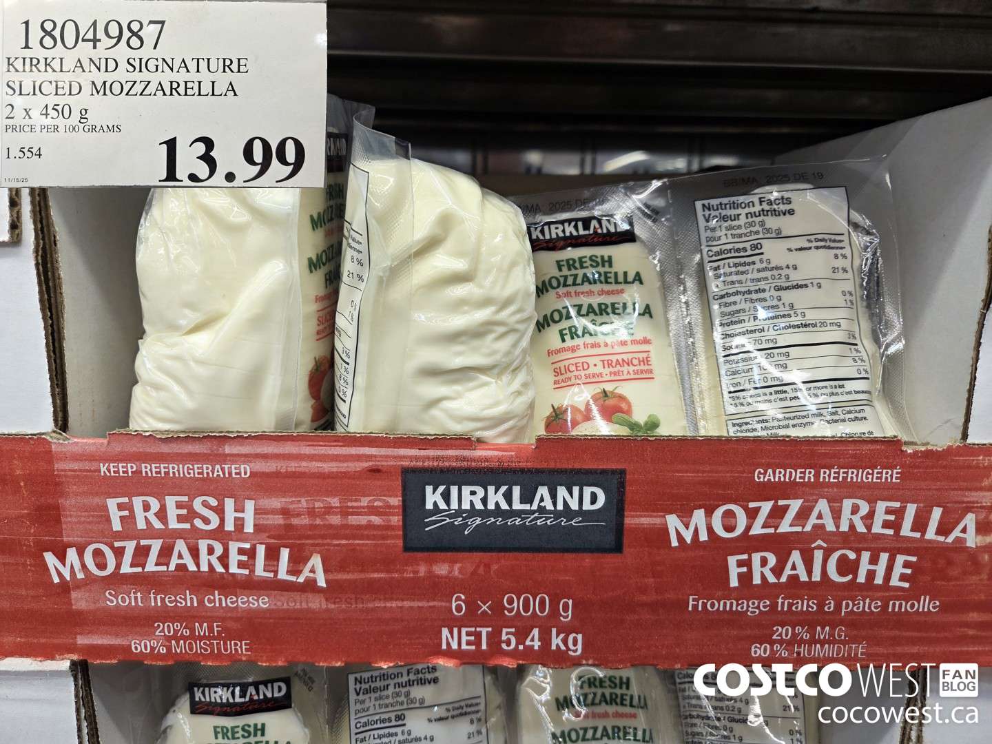 1804987 KIRKLAND SIGNATURE SLICED MOZZARELLA 2 x 450 g $13.99