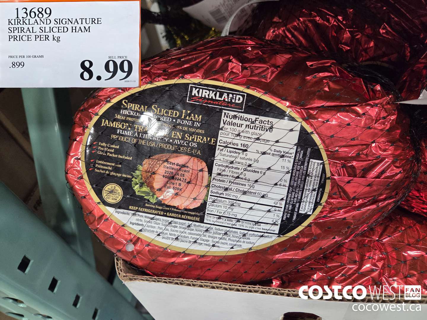 13689 KIRKLAND SIGNATURE SLICED SPIRAL HAM PRICE PER KG $8.99