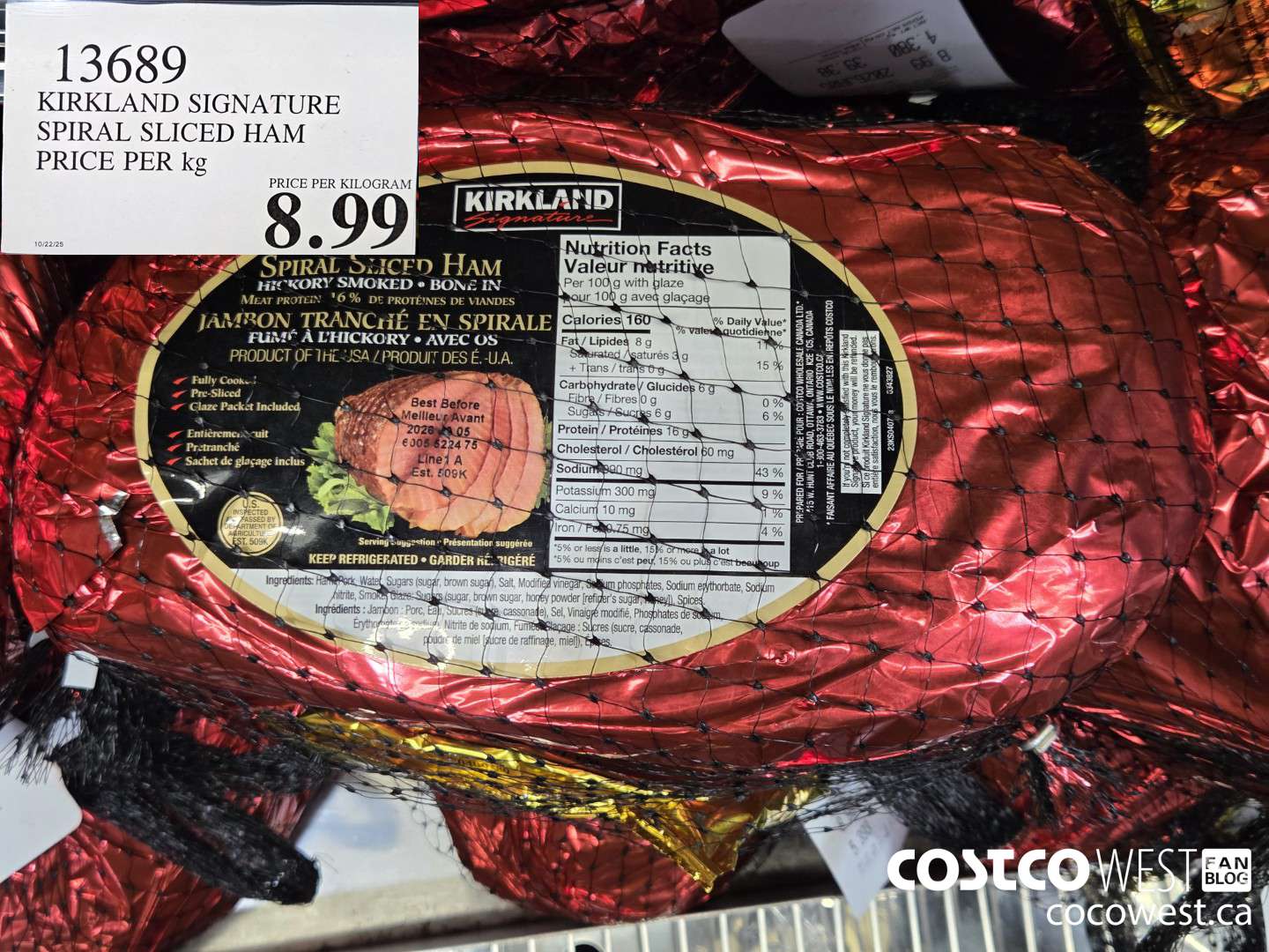 13689 KIRKLAND SIGNATURE SLICED SPIRAL HAM PRICE PER KG $8.99