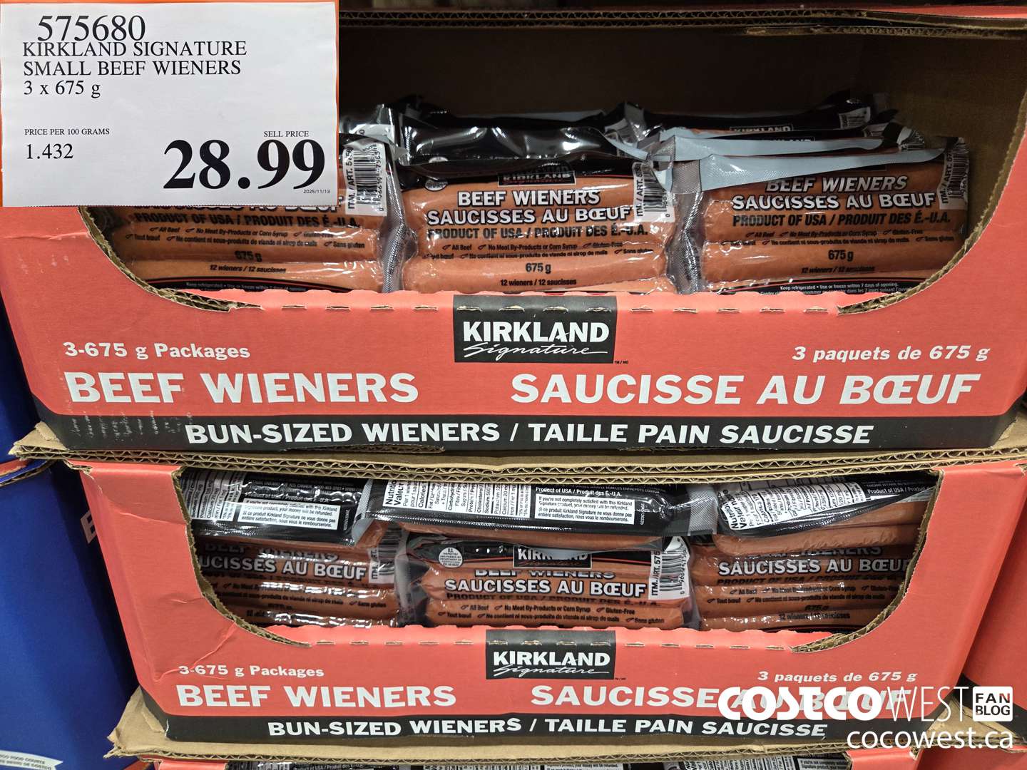575680 KIRKLAND SIGNATURE SMALL BEEF WIENERS 3 x 675 g $28.99