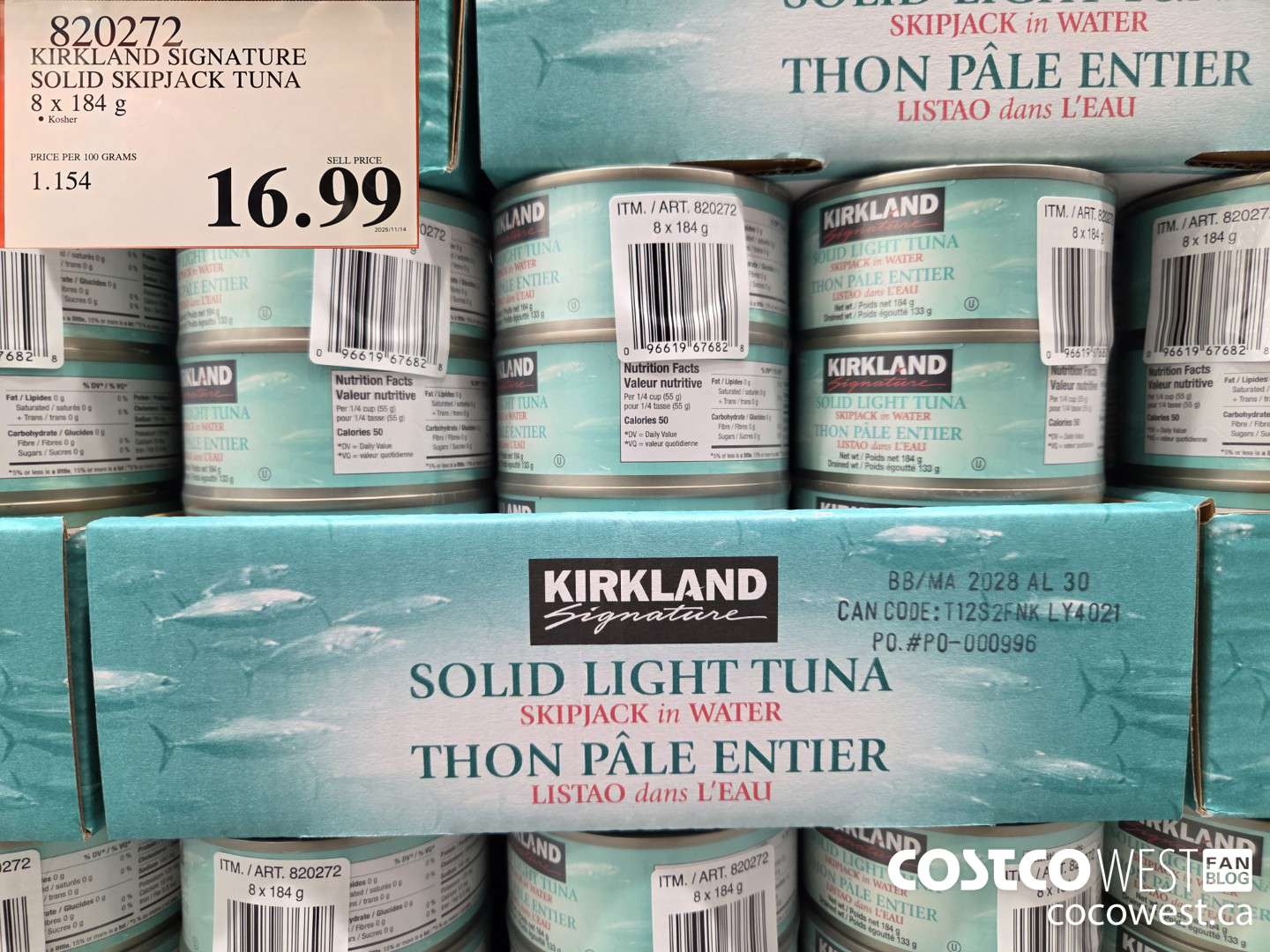 820272 KIRKLAND SIGNATURE SOLID SKIPJACK TUNA 8 x 184 g $16.99