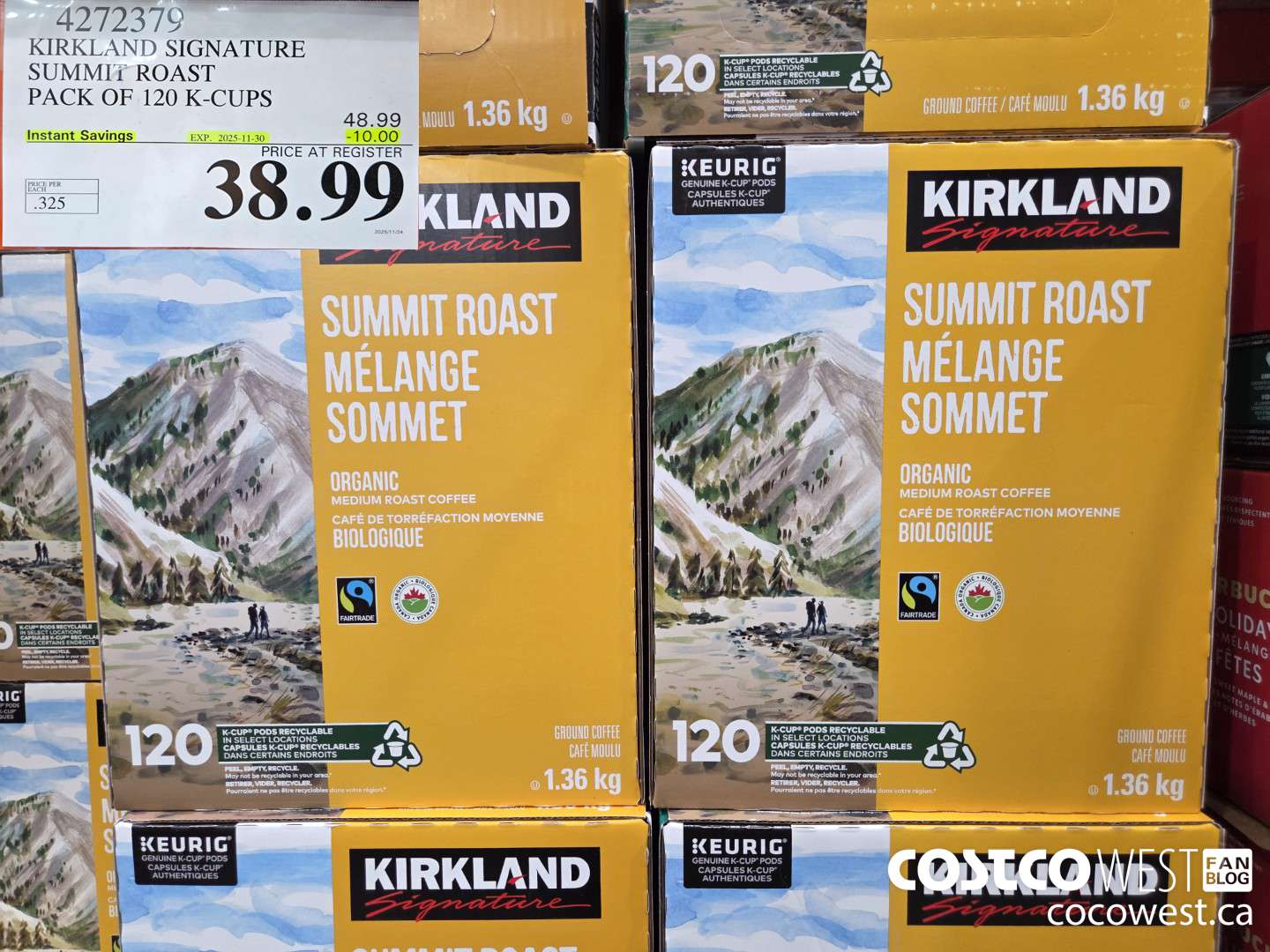 4272379 KIRKLAND SIGNATURE SUMMIT MEDIUM ROAST PACK OF 120 K-CUPS ($10.00 INSTANT SAVINGS EXPIRES ON 2025-11-30) $38.99