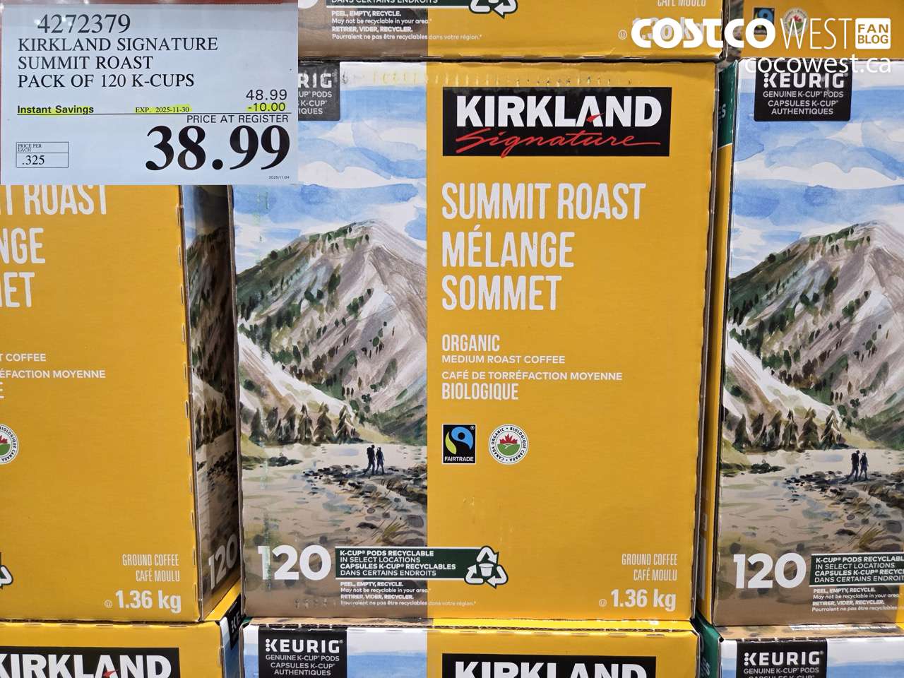4272379 KIRKLAND SIGNATURE SUMMIT MEDIUM ROAST PACK OF 120 K-CUPS ($10.00 INSTANT SAVINGS EXPIRES ON 2025-11-30) $38.99