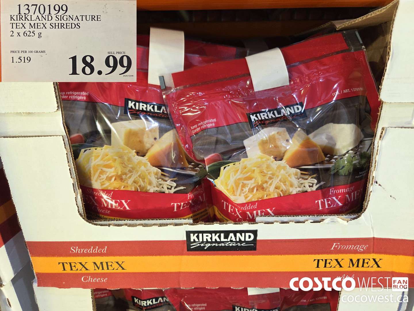 1370199 KIRKLAND SIGNATURE TEX MEX SHRED 2 x 625 g $18.99