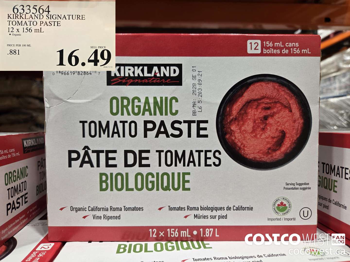 633564 KIRKLAND SIGNATURE TOMATO PASTE 12 x 156 mL $16.49
