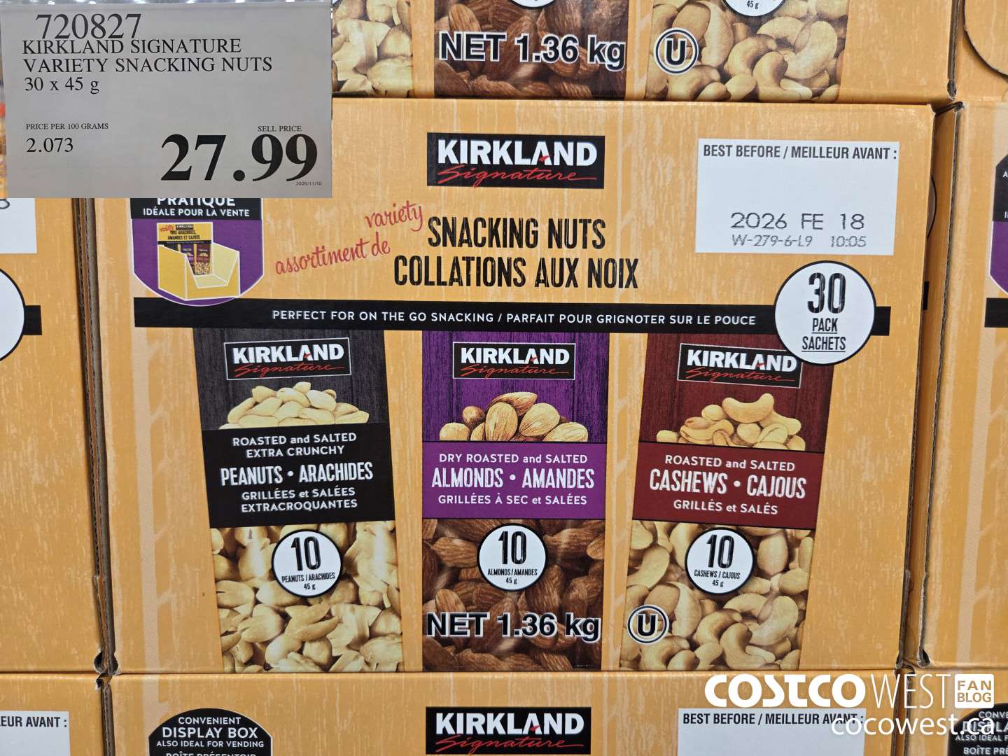 720827 KIRKLAND SIGNATURE VARIETY SNACKING NUTS 30 x 45 g $27.99