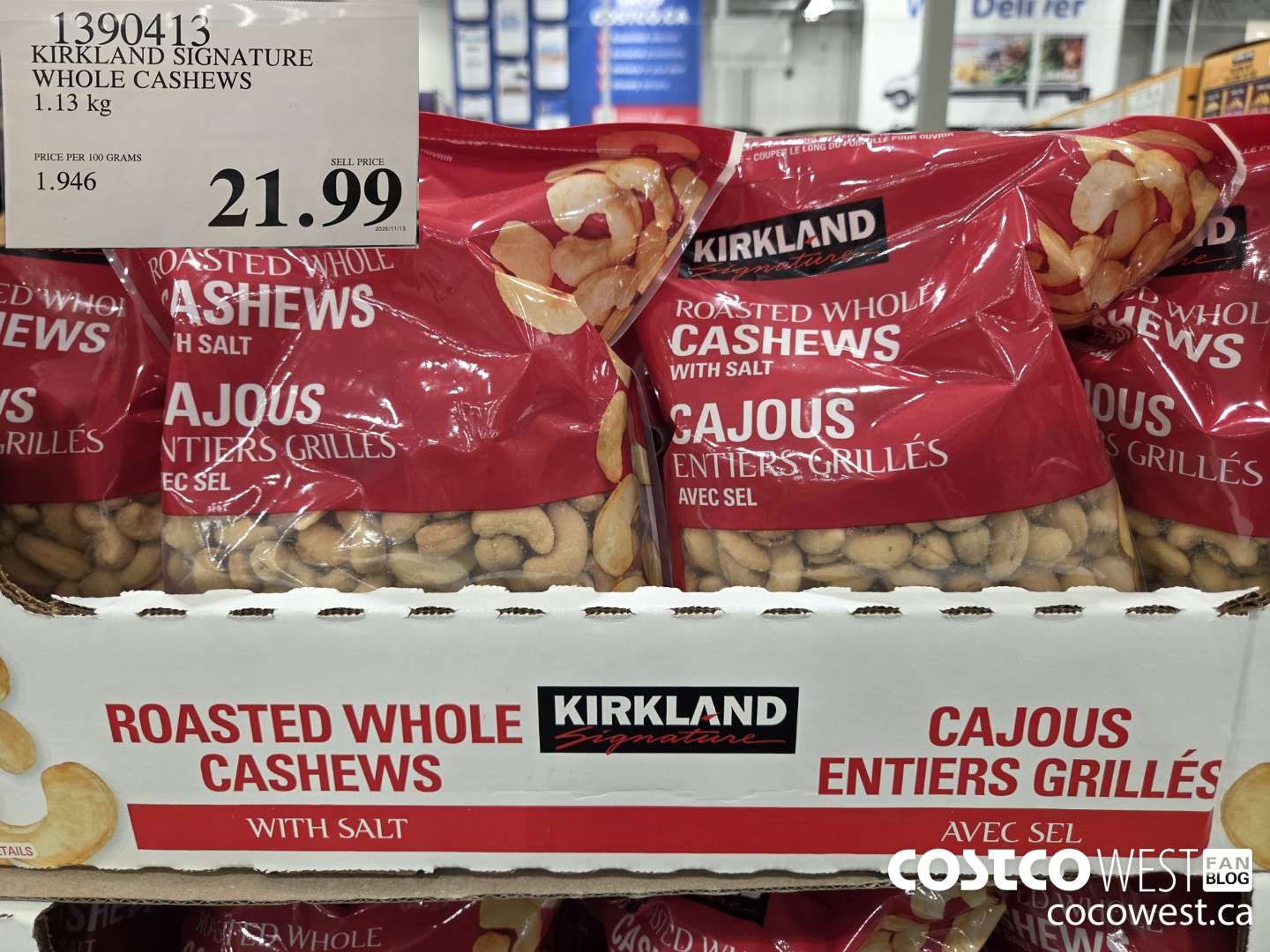 1390413 KIRKLAND SIGNATURE WHOLE CASHEWS 1.13 kg $21.99