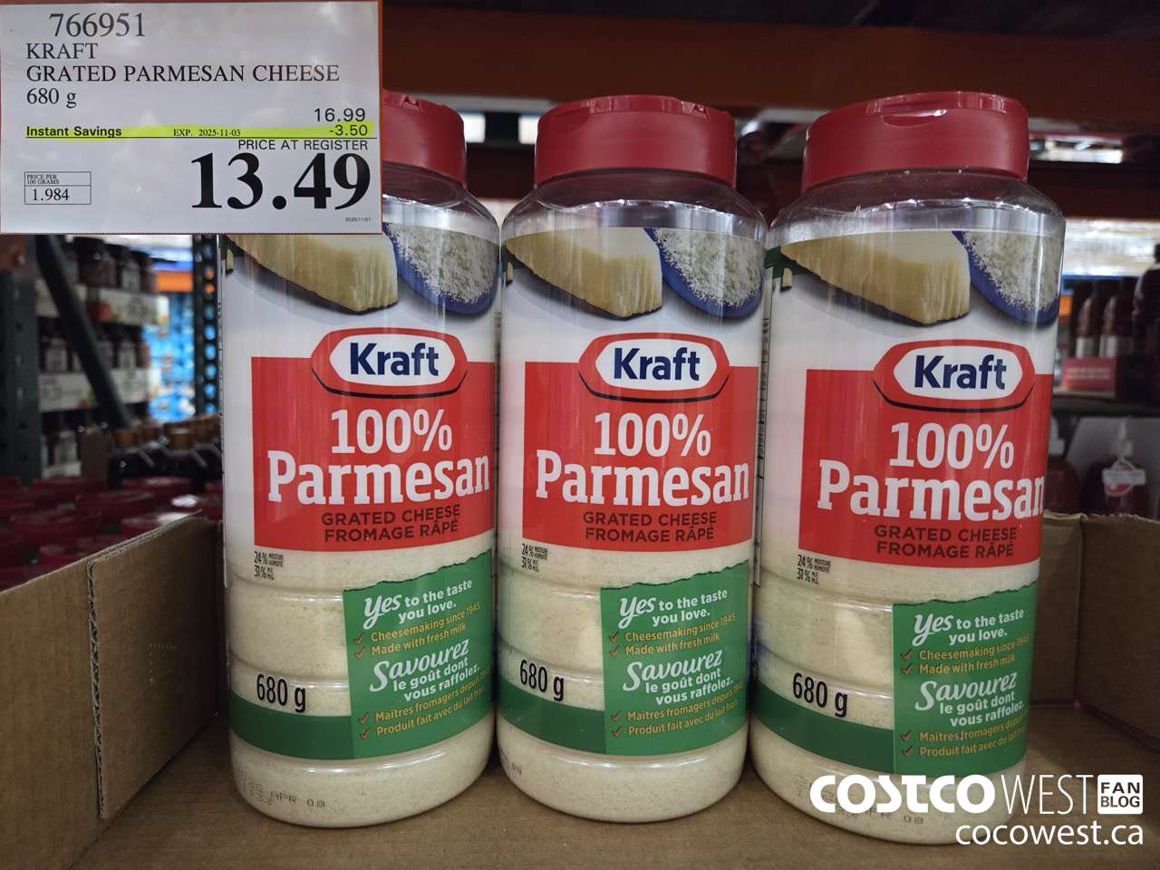 766951 KRAFT GRATED PARMESAN CHEESE 680 g ($3.50 INSTANT SAVINGS EXPIRES ON 2025-11-03) $13.49