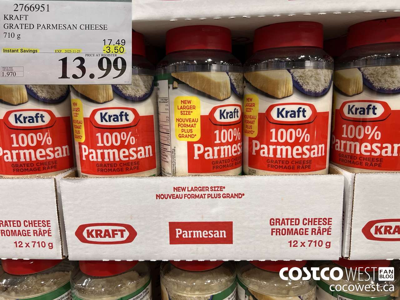 2766951 KRAFT GRATED PARMESAN CHEESE 710G ($3.50 INSTANT SAVINGS EXPIRES ON 2025-11-23) $13.99