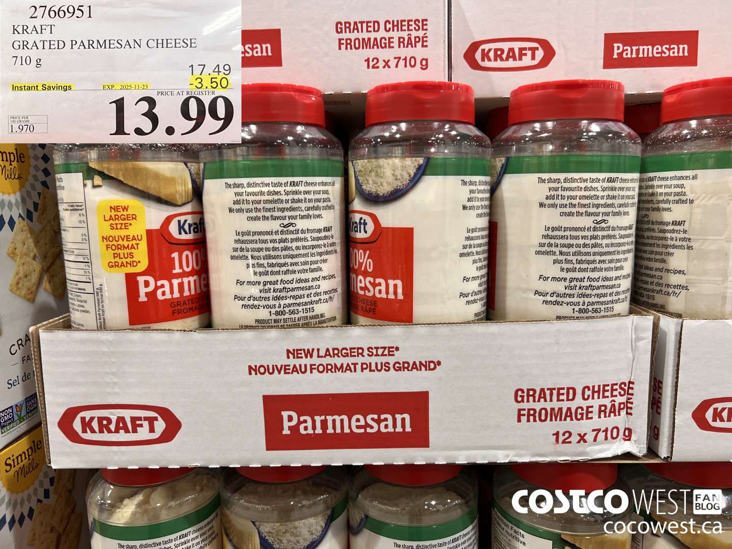 2766951 KRAFT GRATED PARMESAN CHEESE 710G ($3.50 INSTANT SAVINGS EXPIRES ON 2025-11-23) $13.99