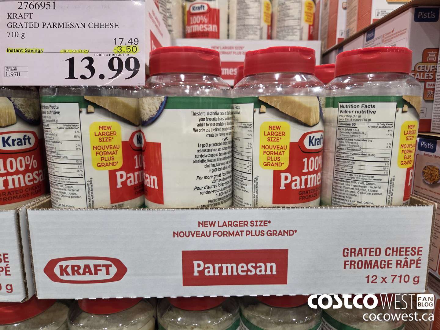 2766951 KRAFT GRATED PARMESAN CHEESE 710G ($3.50 INSTANT SAVINGS EXPIRES ON 2025-11-23) $13.99