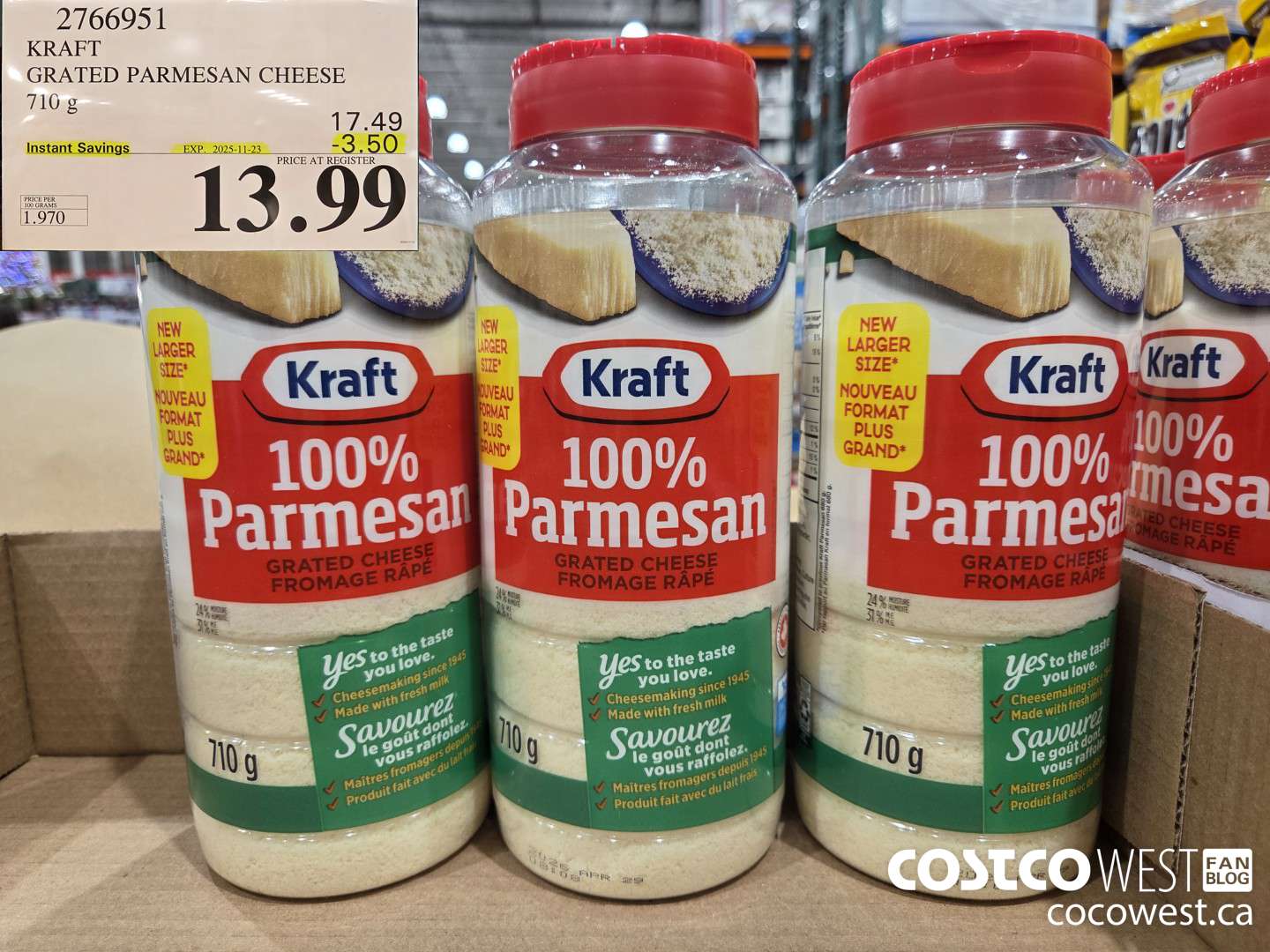 2766951 KRAFT GRATED PARMESAN CHEESE 710G ($3.50 INSTANT SAVINGS EXPIRES ON 2025-11-23) $13.99