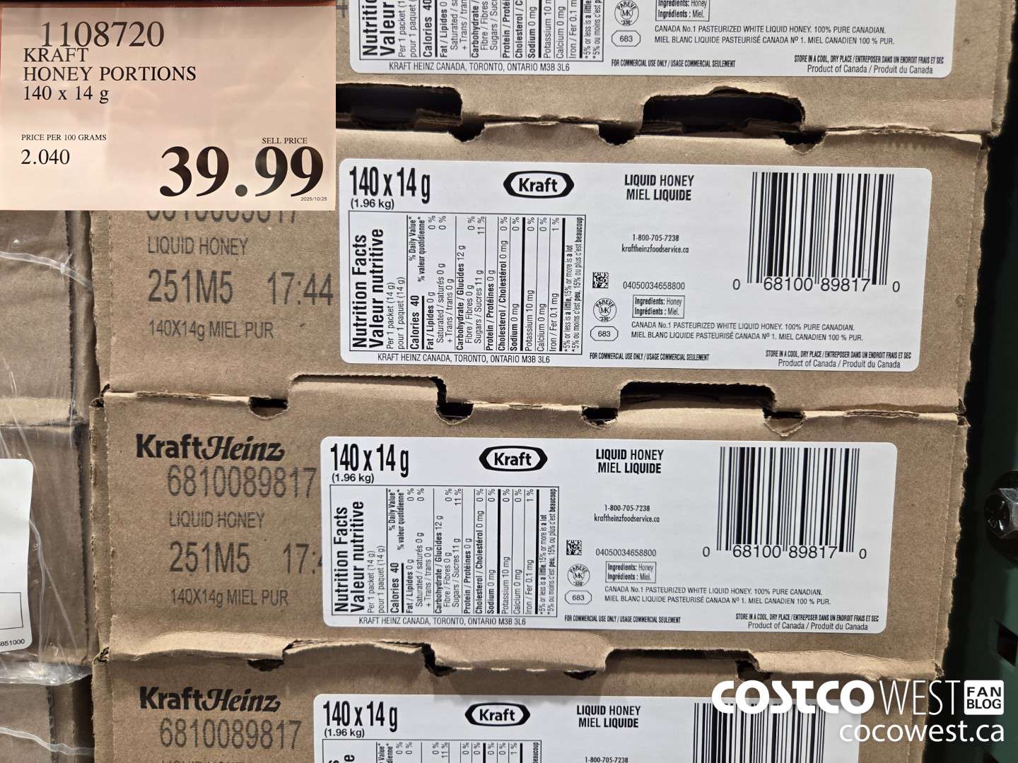 1108720 KRAFT HONEY PORTIONS 140 x 14 g $39.99