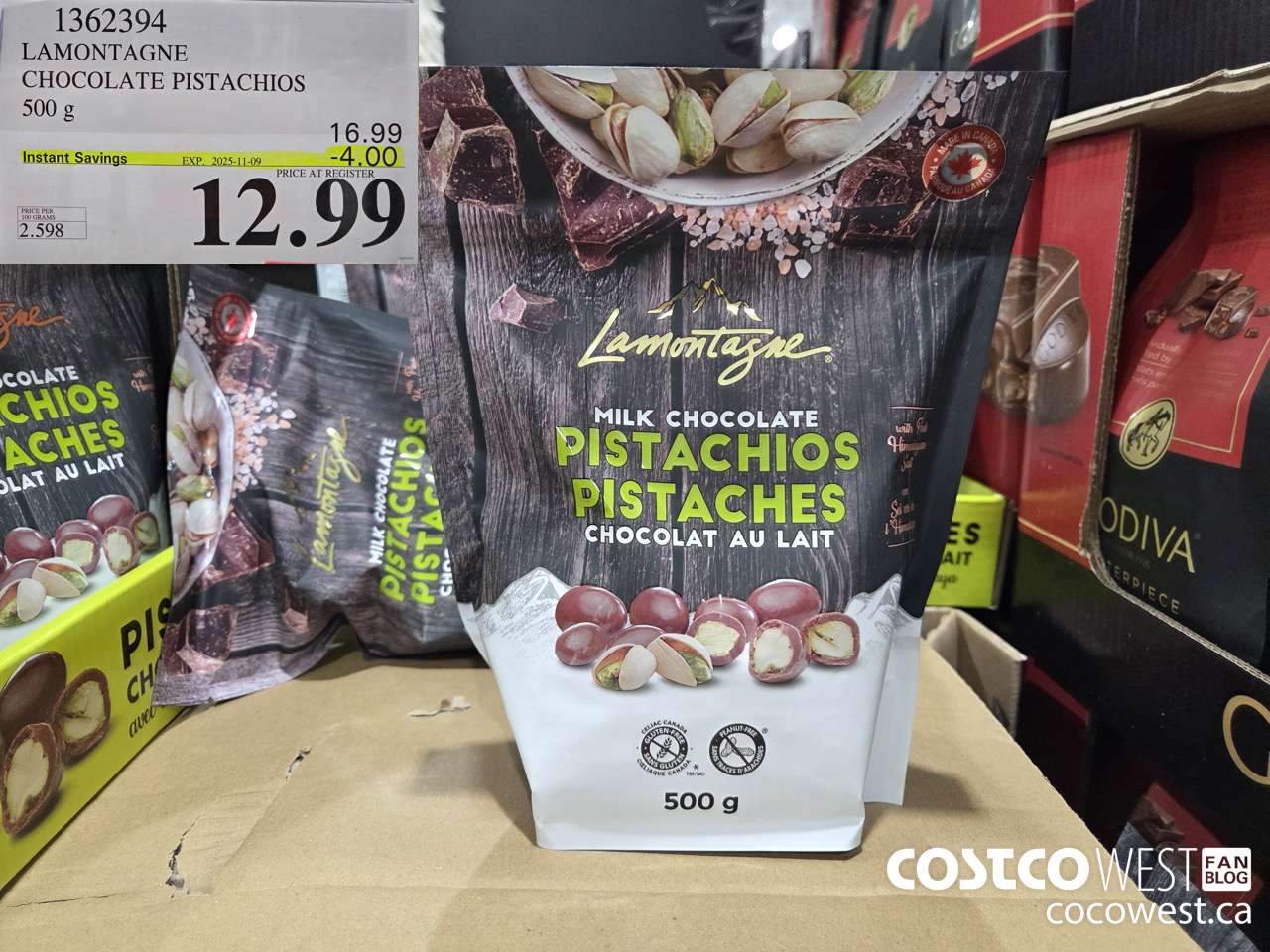 1362394 LAMONTAGNE CHOCOLATE PISTACHIOS 500 g ($4.00 INSTANT SAVINGS EXPIRES ON 2025-11-09) $12.99