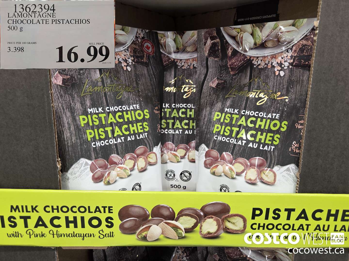 1362394 LAMONTAGNE CHOCOLATE PISTACHIOS 500 g $16.99