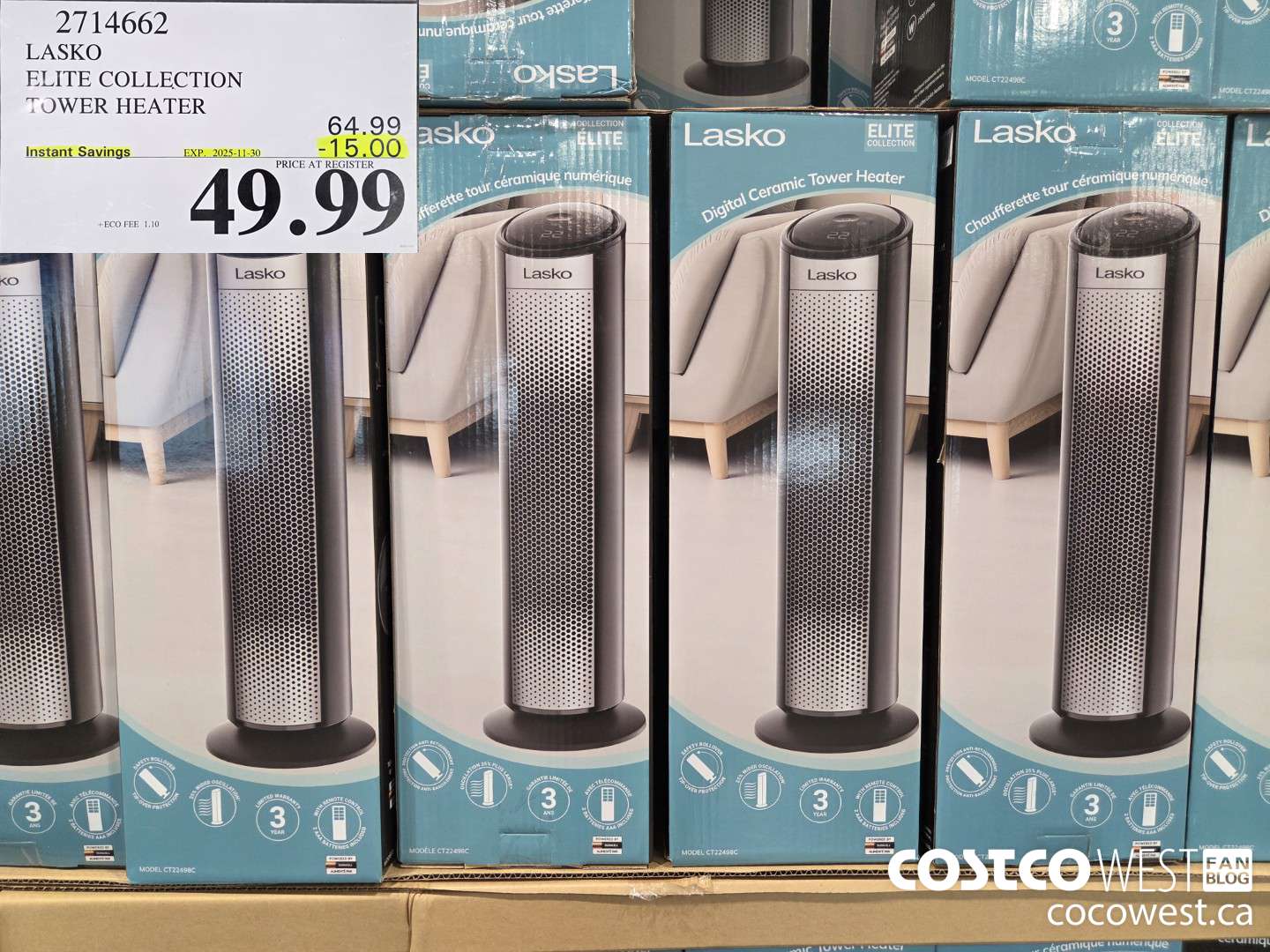 2714662 LASKO ELITE COLLECTION TOWER HEATER ($15.00 INSTANT SAVINGS EXPIRES ON 2025-11-30) $49.99