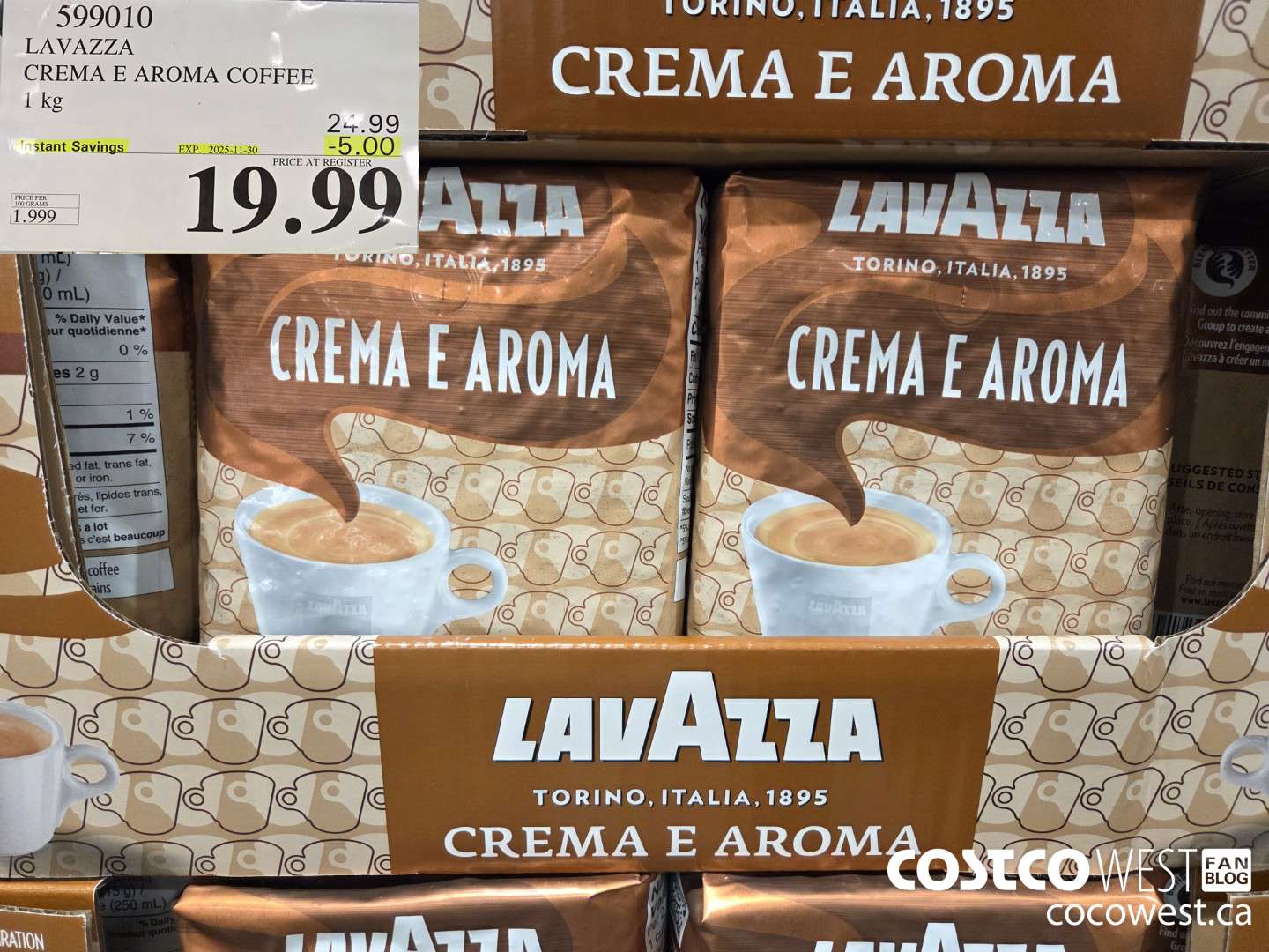 599010 LAVAZZA CREMA & AROMA COFFEE 1 kg ($5.00 INSTANT SAVINGS EXPIRES ON 2025-11-30) $19.99