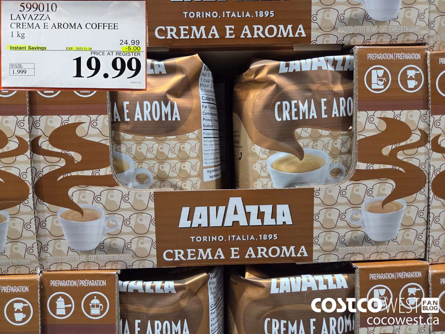 599010 LAVAZZA CREMA & AROMA COFFEE 1 kg ($5.00 INSTANT SAVINGS EXPIRES ON 2025-11-30) $19.99