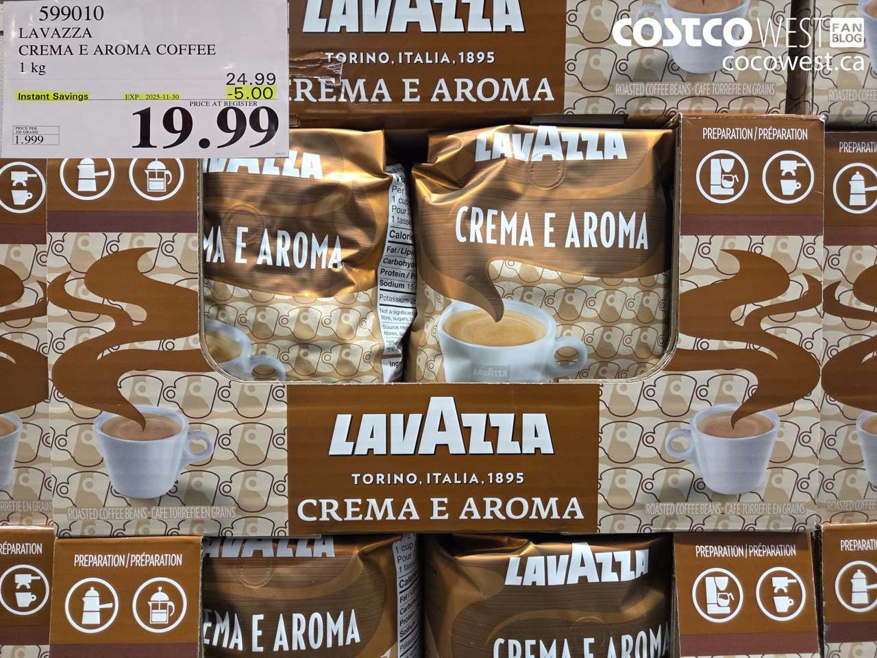 599010 LAVAZZA CREMA & AROMA COFFEE 1 kg ($5.00 INSTANT SAVINGS EXPIRES ON 2025-11-30) $19.99