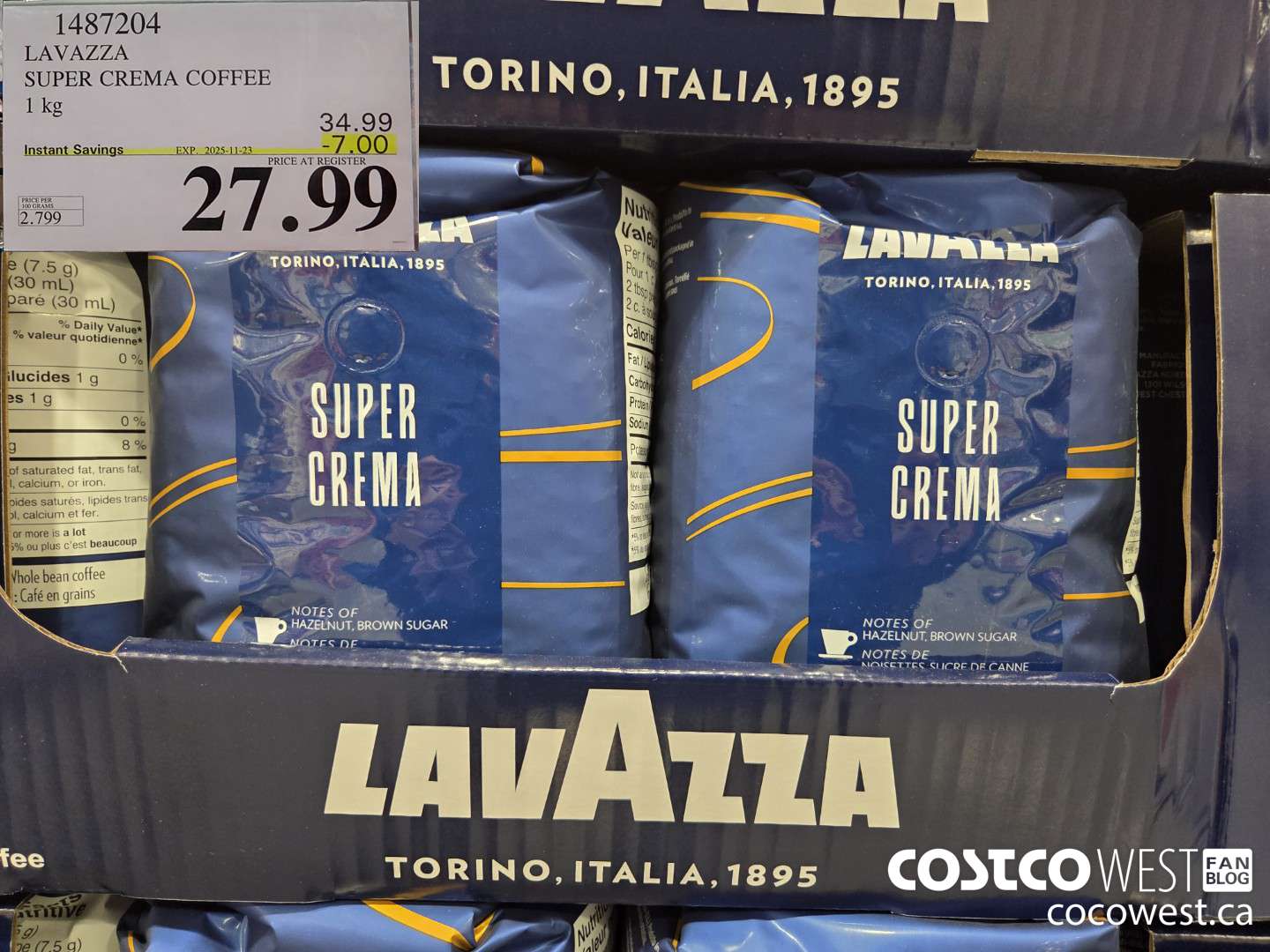 1487204 LAVAZZA SUPER CREMA COFFEE 1 kg ($7.00 INSTANT SAVINGS EXPIRES ON 2025-11-23) $27.99