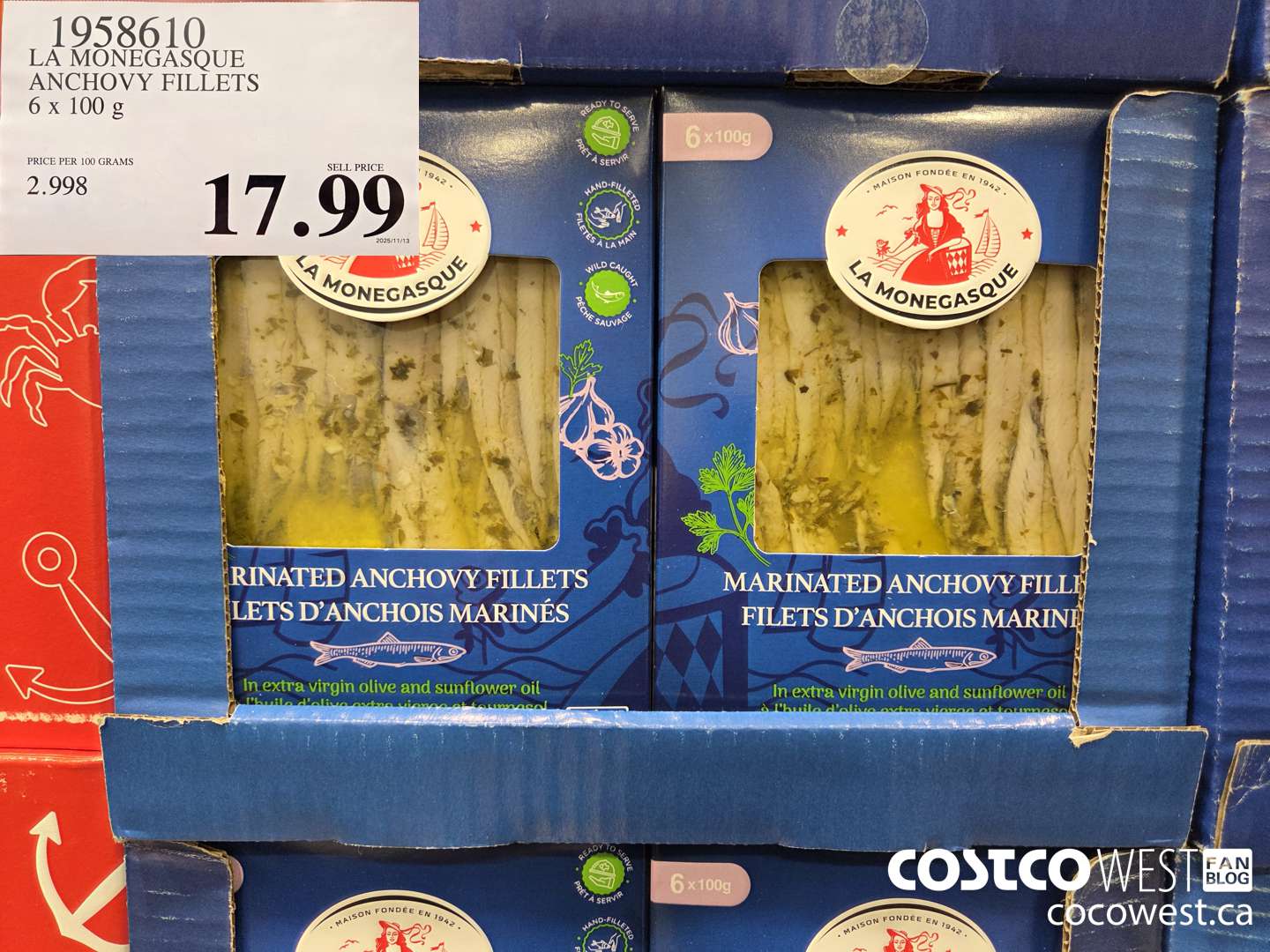 1958610 LA MONAGESQUE OLIVE OIL & PARSLEY ANCHOVIES 6 X 100G $17.99