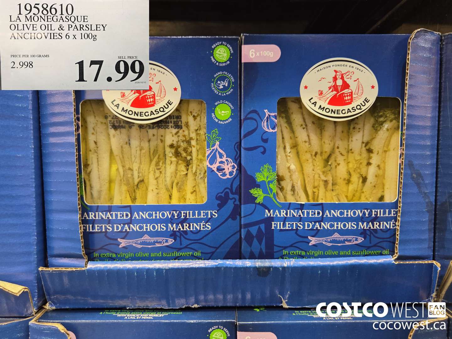 1958610 LA MONAGESQUE OLIVE OIL & PARSLEY ANCHOVIES 6 X 100G $17.99