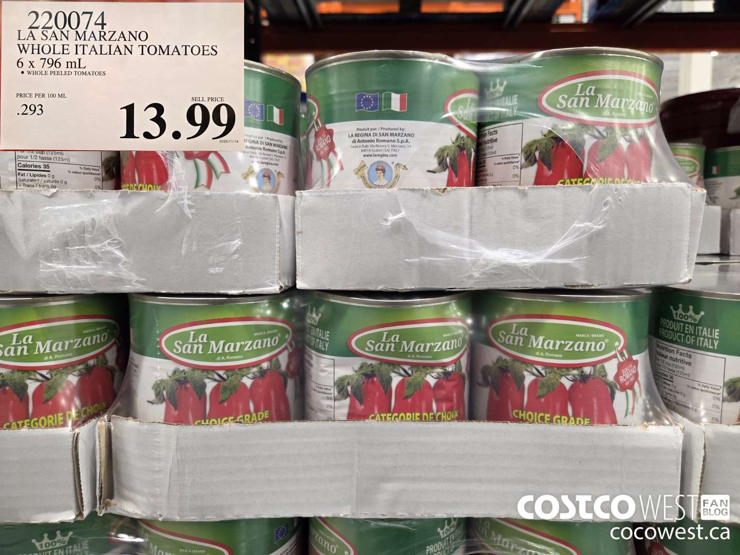 220074 LA SAN MARZANO WHOLE ITALIAN TOMATOES 6 x 796 mL $13.99