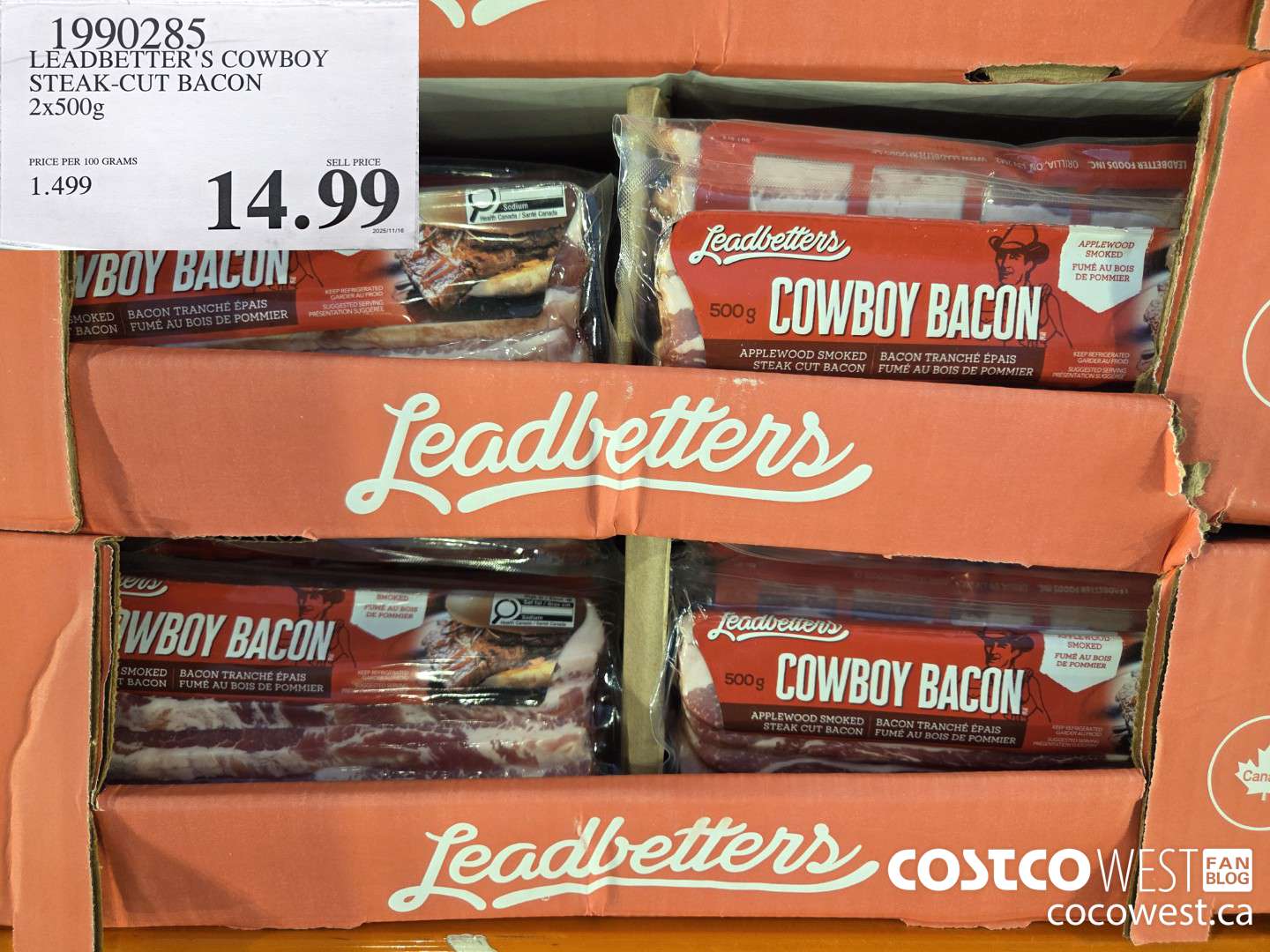1990285 LEADBETTER'S COWBOY STEAK-CUT BACON 2 x 500 g $14.99