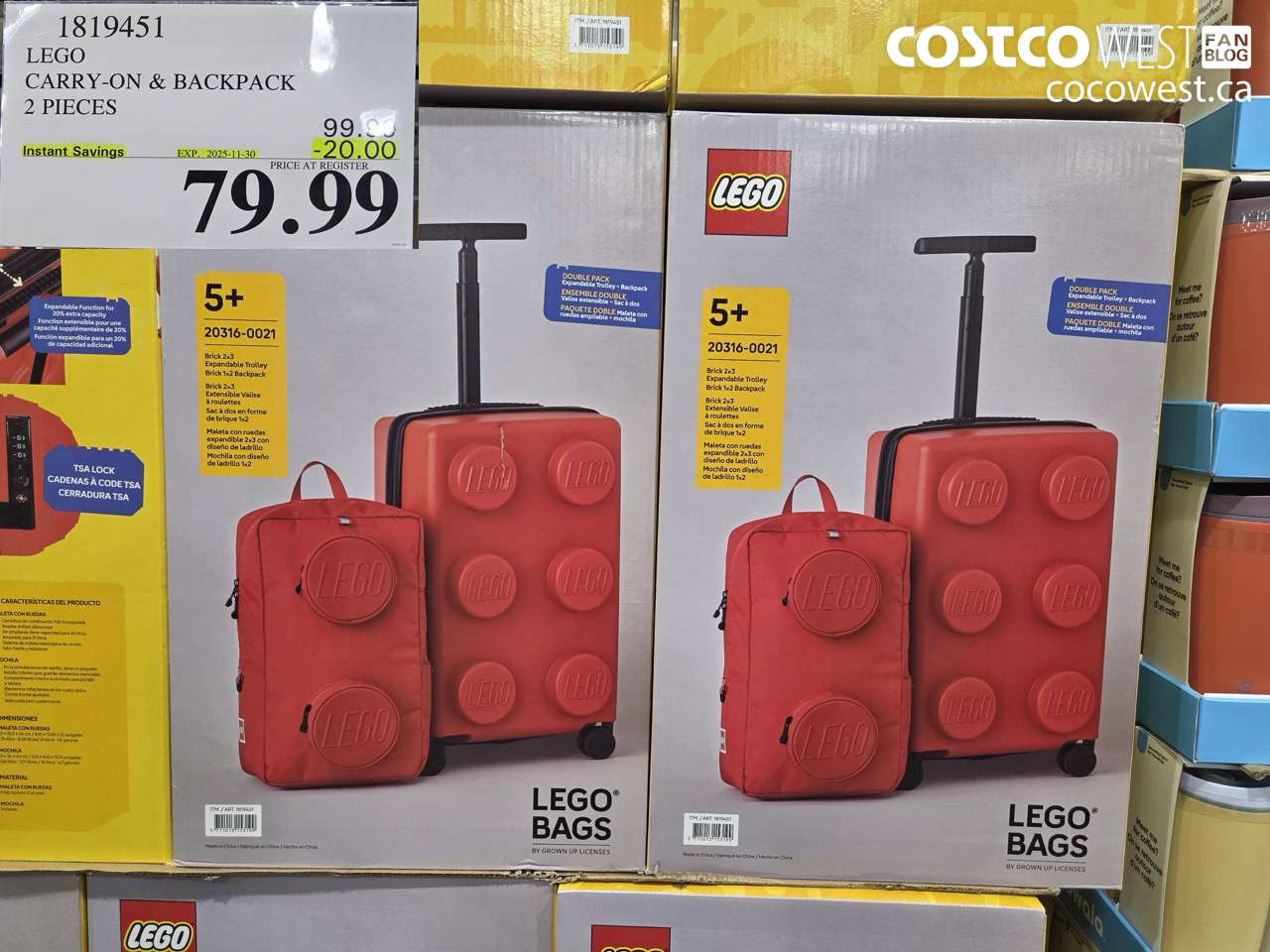 1819451 LEGO CARRY-ON & BACKPACK 2 PIECES ($20.00 INSTANT SAVINGS EXPIRES ON 2025-11-30) $79.99