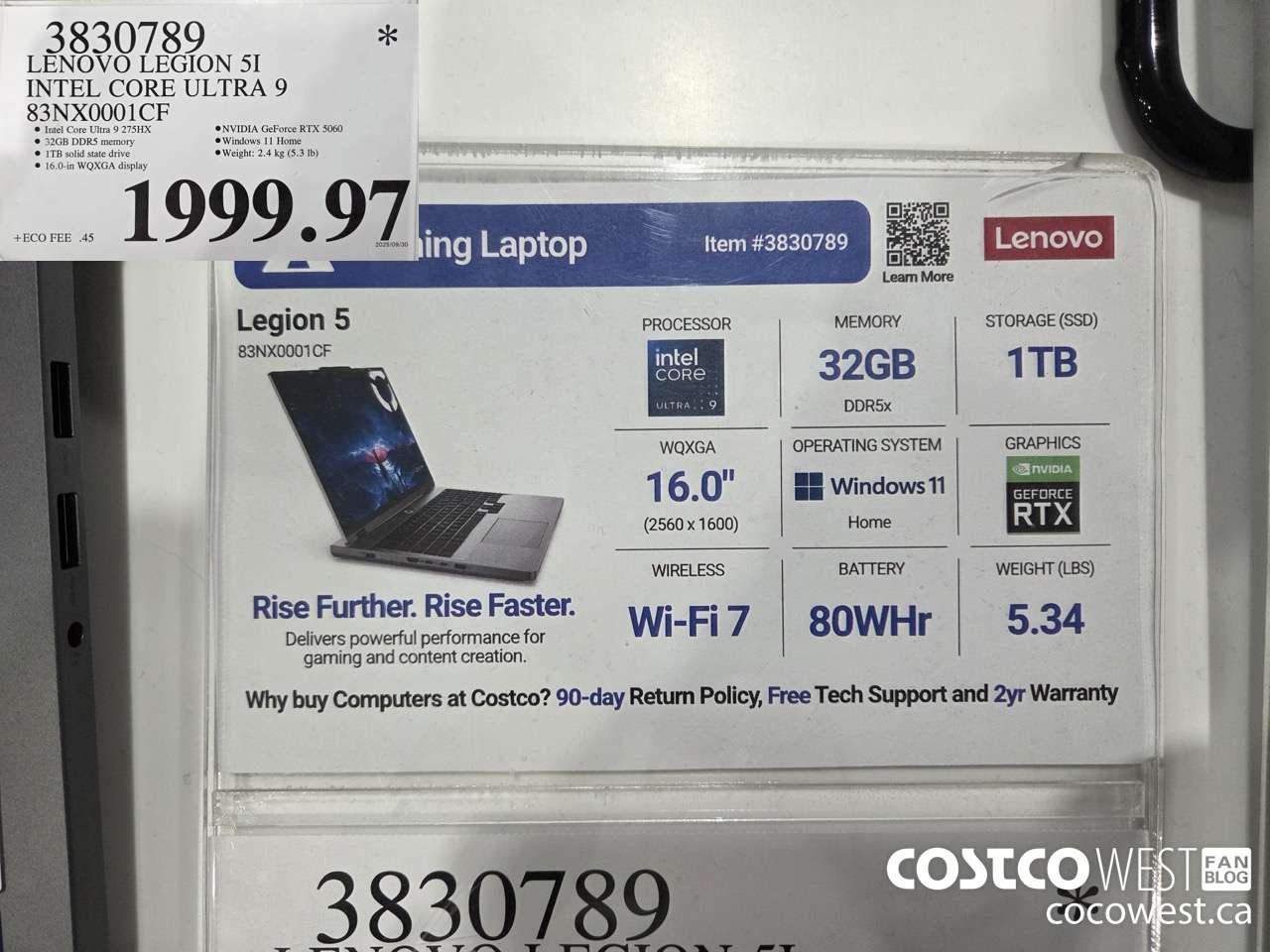 3830789 LENOVO LEGION 5I INTEL CORE ULTRA 9 83NX0001CF $1999.97