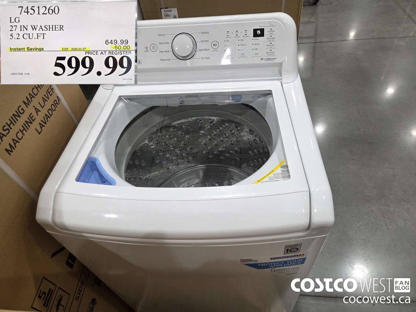 7451260 LG 27IN WASHER 5.2 CUFT ($50.00 INSTANT SAVINGS EXPIRES ON 2026-01-07) $599.99