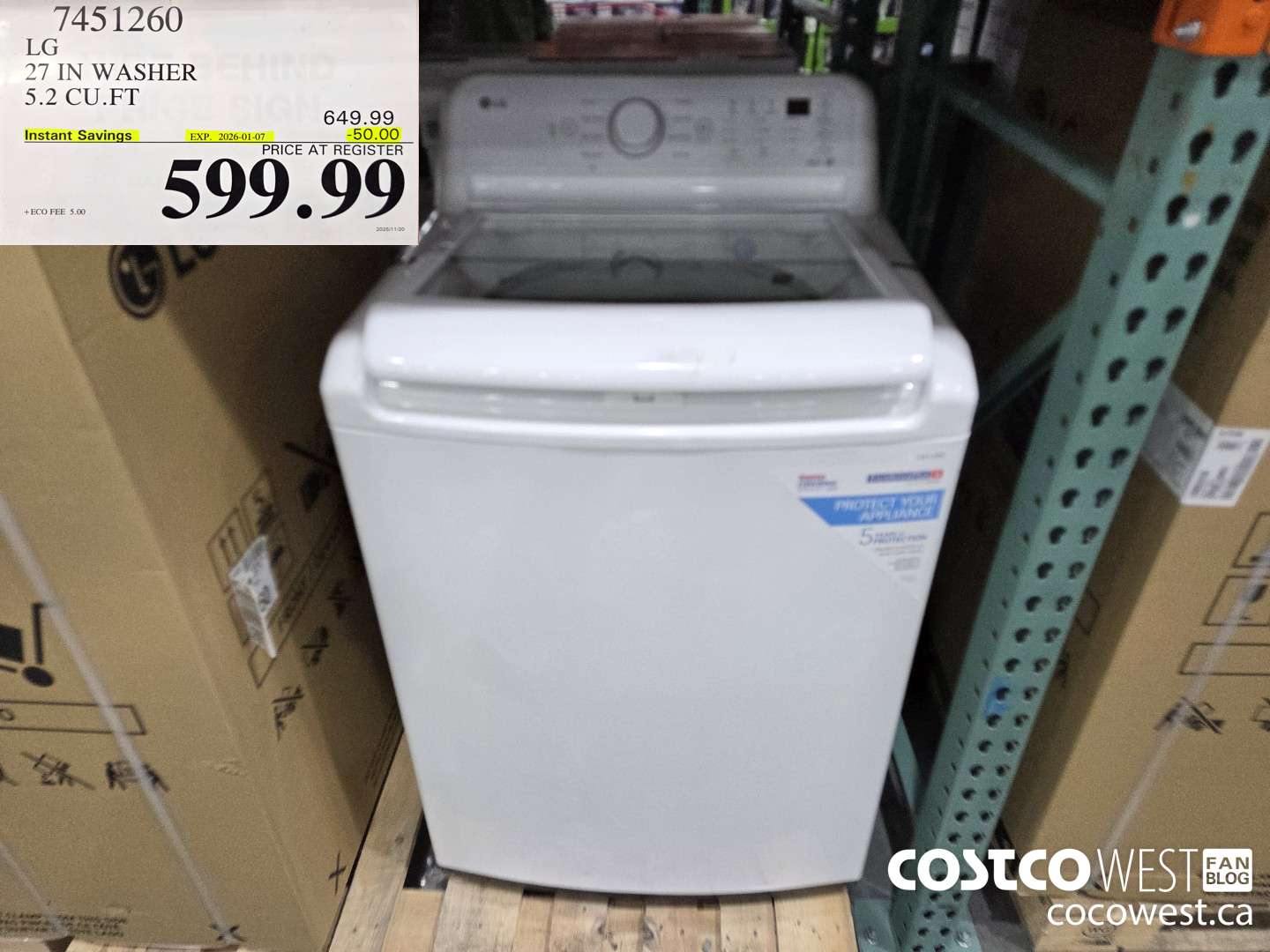 7451260 LG 27IN WASHER 5.2 CUFT ($50.00 INSTANT SAVINGS EXPIRES ON 2026-01-07) $599.99