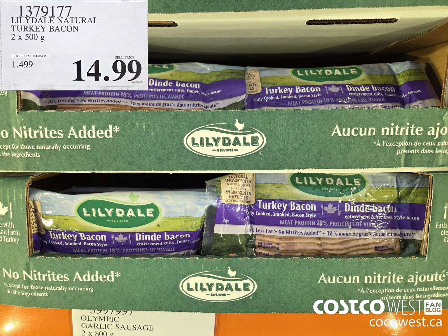 1379177 LILYDALE NATURAL TURKEY BACON 2 x 500 g $14.99