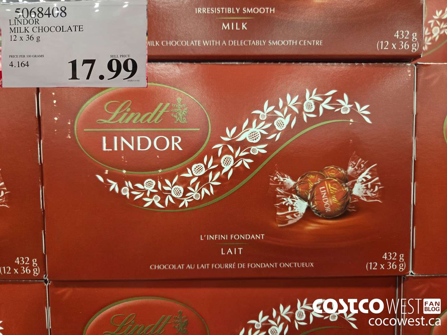 5068408 LINDOR MILK CHOCOLATE 12 x 36g $17.99