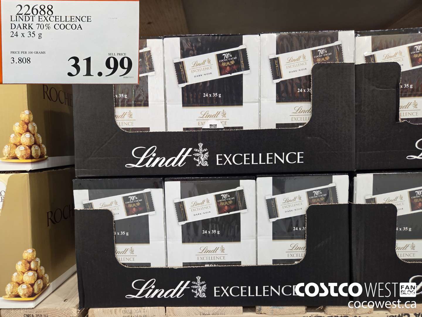 22688 LINDT EXCELLENCE DARK 70% COCOA 24 x 35 g $31.99