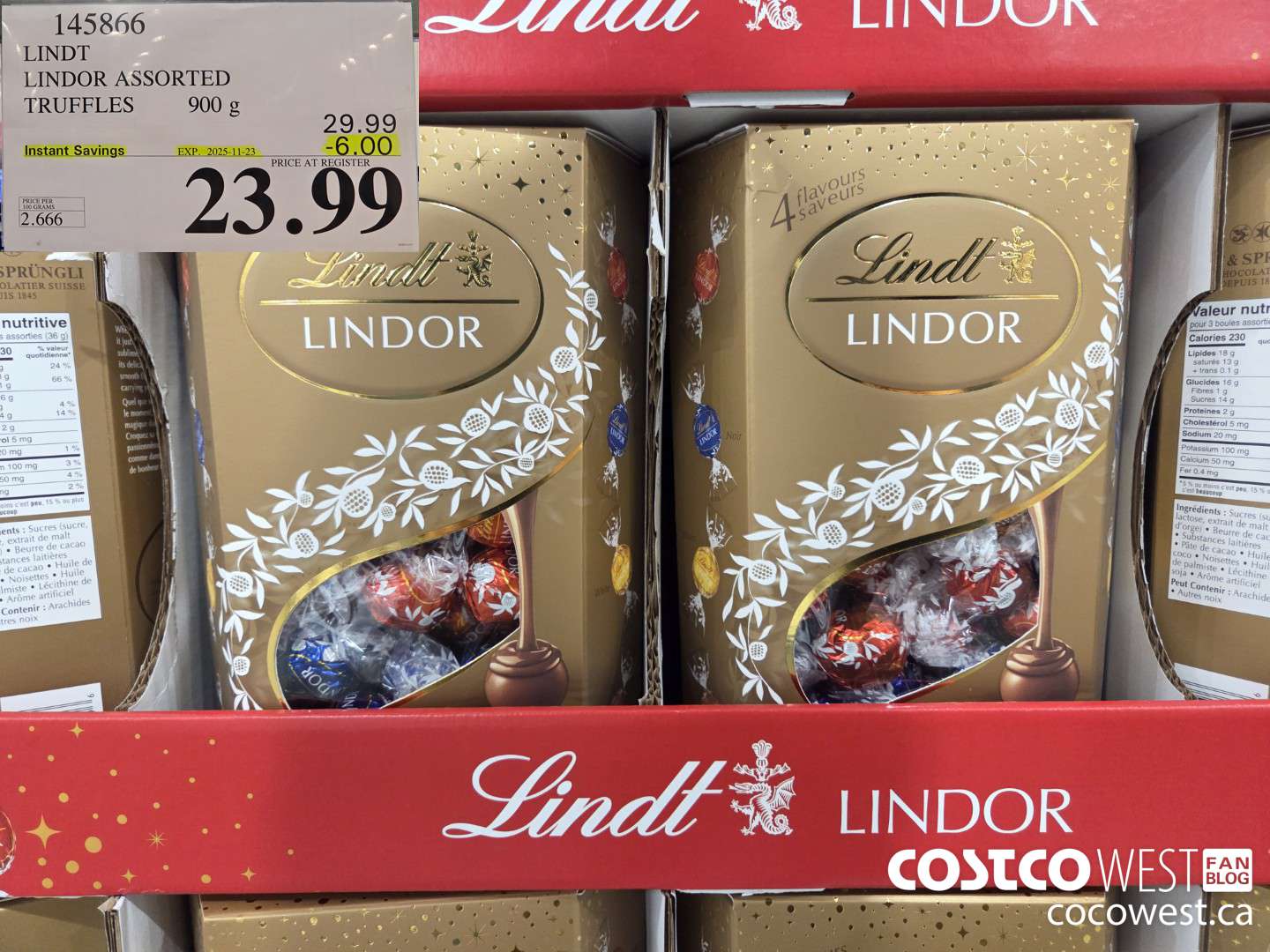 145866 LINDT LINDOR ASSORTED TRUFFLES 900g ($6.00 INSTANT SAVINGS EXPIRES ON 2025-11-23) $23.99