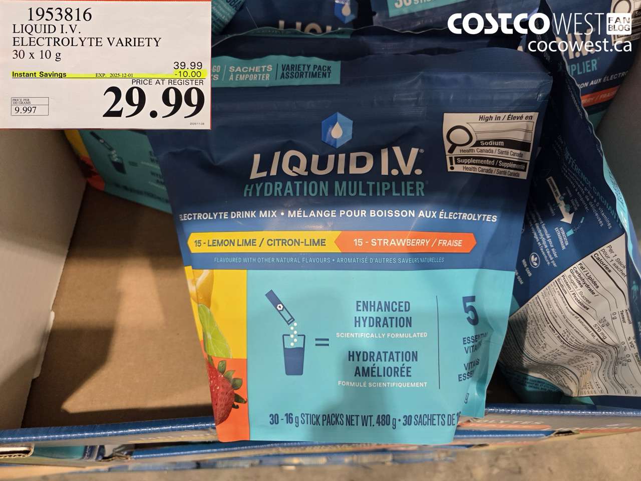 1953816 LIQUID I.V. ELECTROLYTE VARIETY 30 x 10 g ($10.00 INSTANT SAVINGS EXPIRES ON 2025-12-01) $29.99