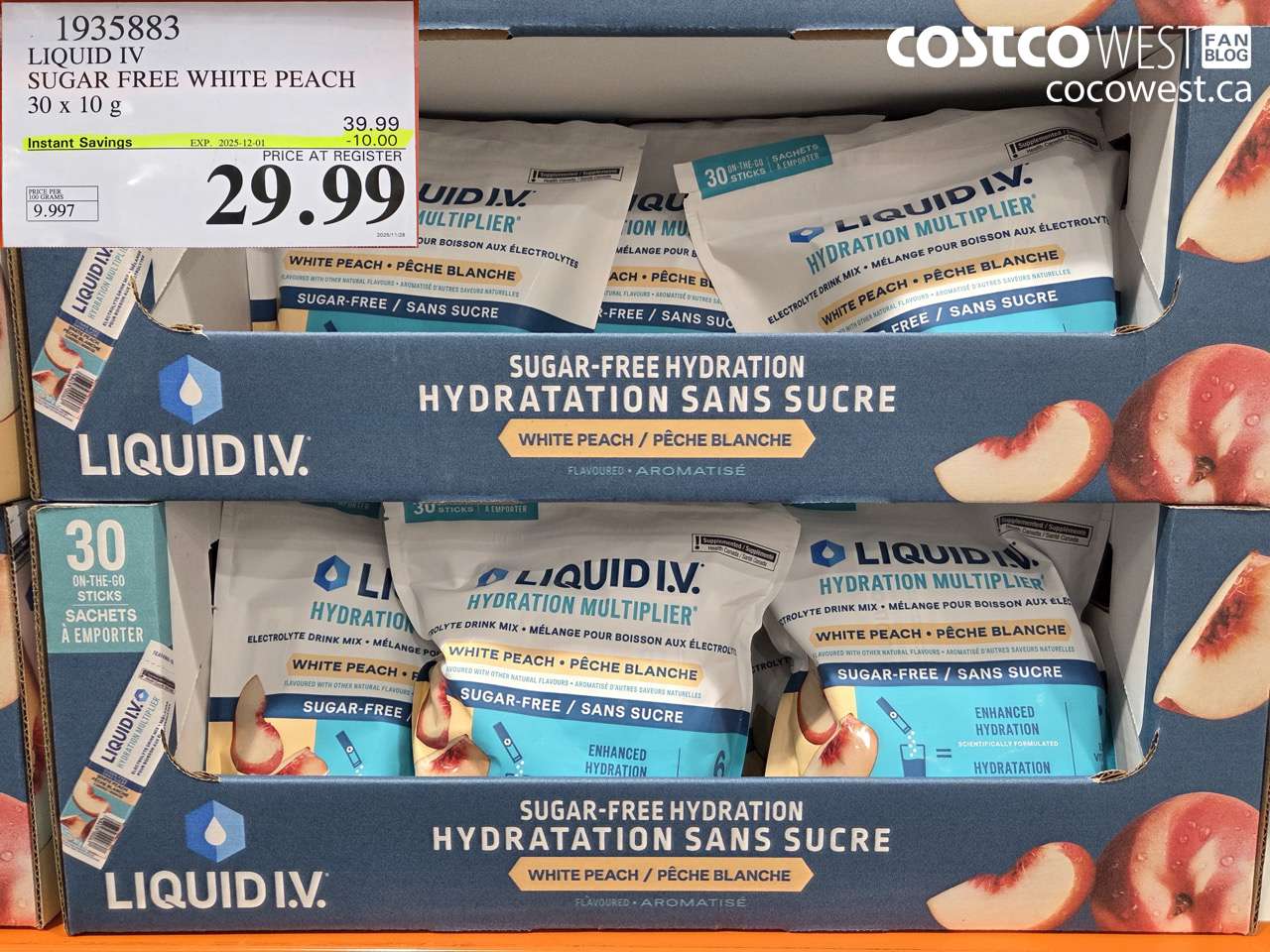 1935883 LIQUID IV SUGAR FREE WHITE PEACH 30 x 10 g ($10.00 INSTANT SAVINGS EXPIRES ON 2025-12-01) $29.99