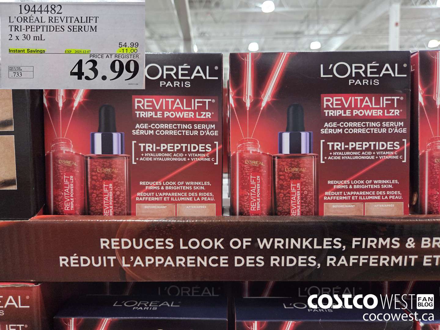1944482 L'OREAL REVITALIFT TRI-PEPTIDES SERUM 2 X 30ML ($11.00 INSTANT SAVINGS EXPIRES ON 2025-12-07) $43.99