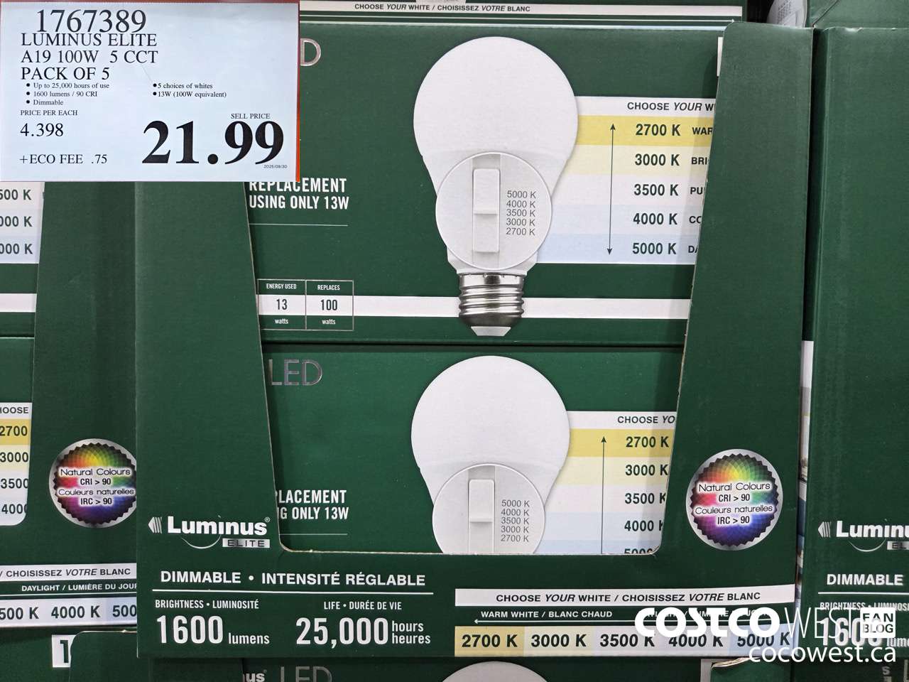 1767389 LUMINUS ELITE A19 100W 5 CCT PACK OF 5 $21.99