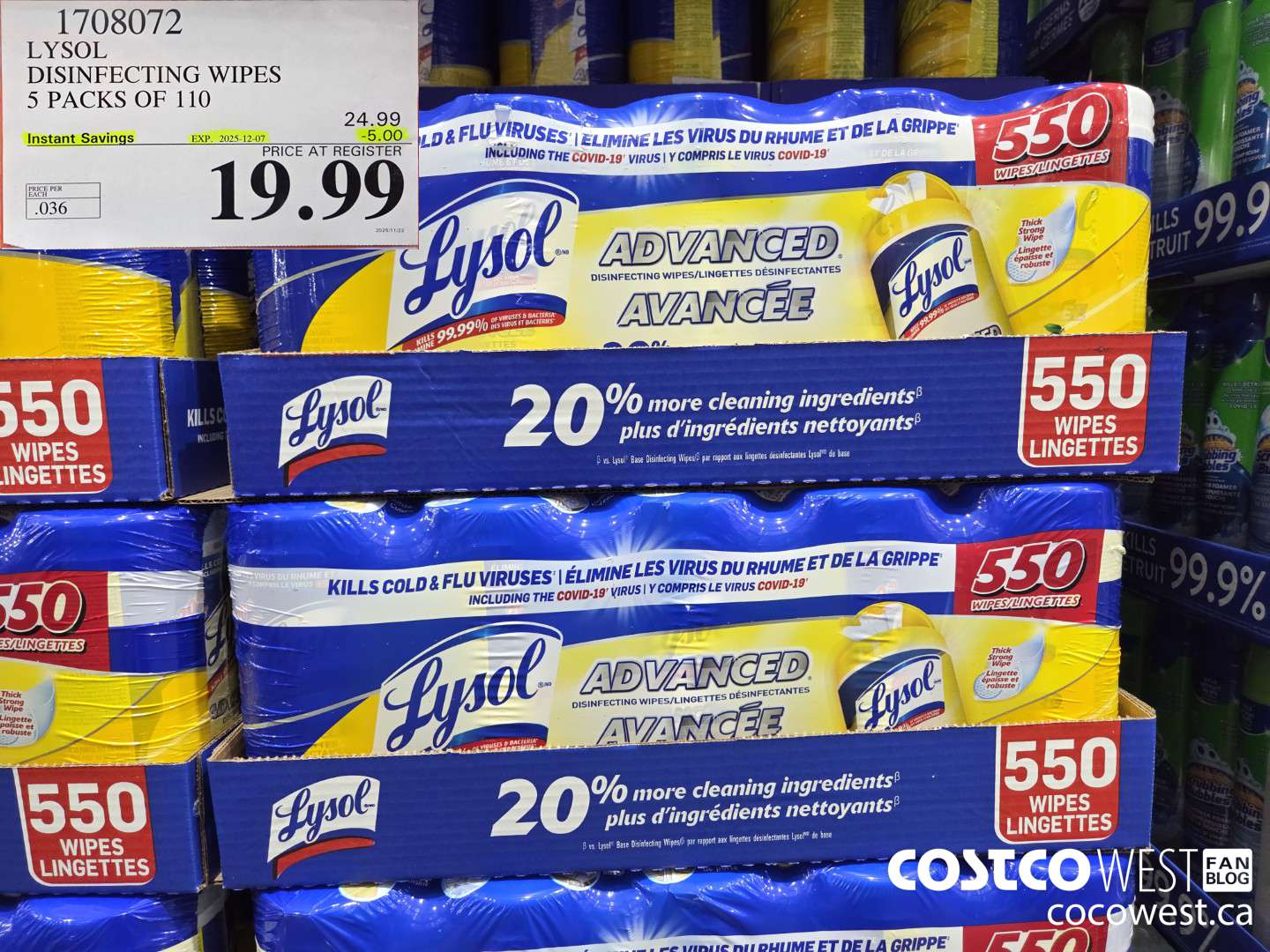 1708072 LYSOL DISINFECTING WIPES 5 X 110 WIPES ($5.00 INSTANT SAVINGS EXPIRES ON 2025-12-07) $19.99
