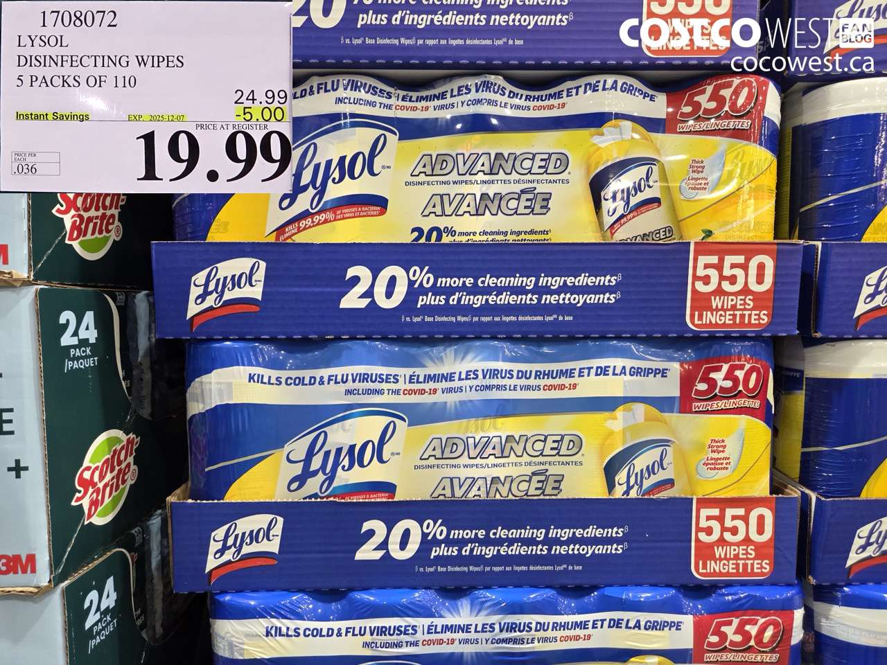 1708072 LYSOL DISINFECTING WIPES 5 X 110 WIPES ($5.00 INSTANT SAVINGS EXPIRES ON 2025-12-07) $19.99