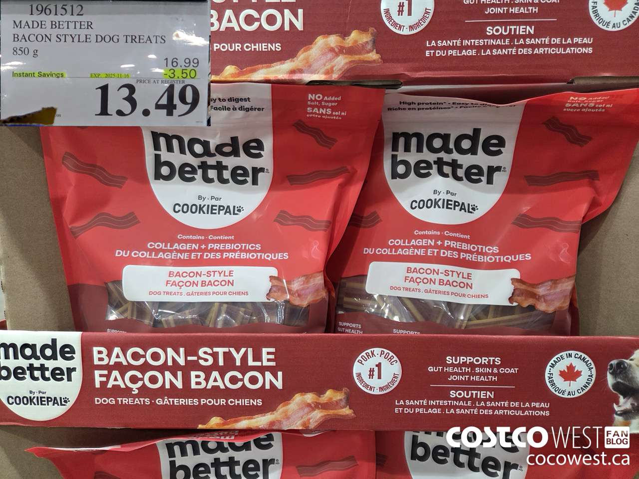 1961512 MADE BETTER BACON STYLE DOG TREATS 850G ($3.50 INSTANT SAVINGS EXPIRES ON 2025-11-16) $13.49