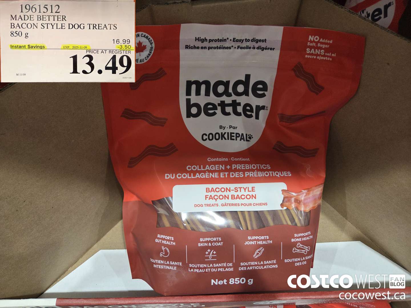 1961512 MADE BETTER BACON STYLE DOG TREATS 850G ($3.50 INSTANT SAVINGS EXPIRES ON 2025-11-09) $13.49