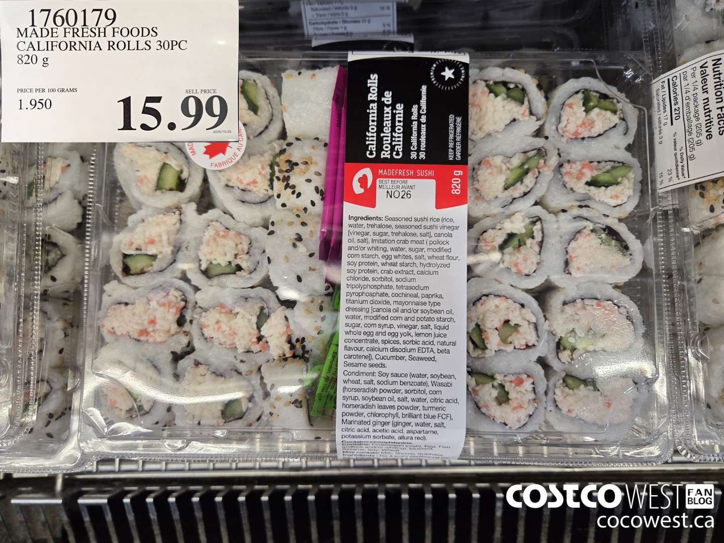 1760179 MADE FRESH FOODS CALIFORNIA ROLLS 30PC 820 G $15.99