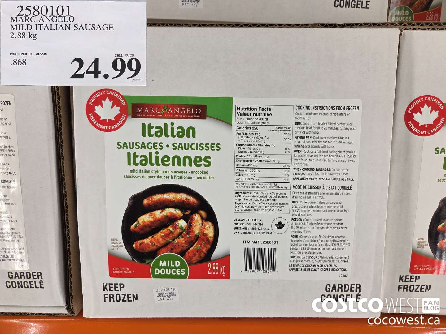 2580101 MARC ANGELO MILD ITALIAN SAUSAGE 2.88 kg $24.99