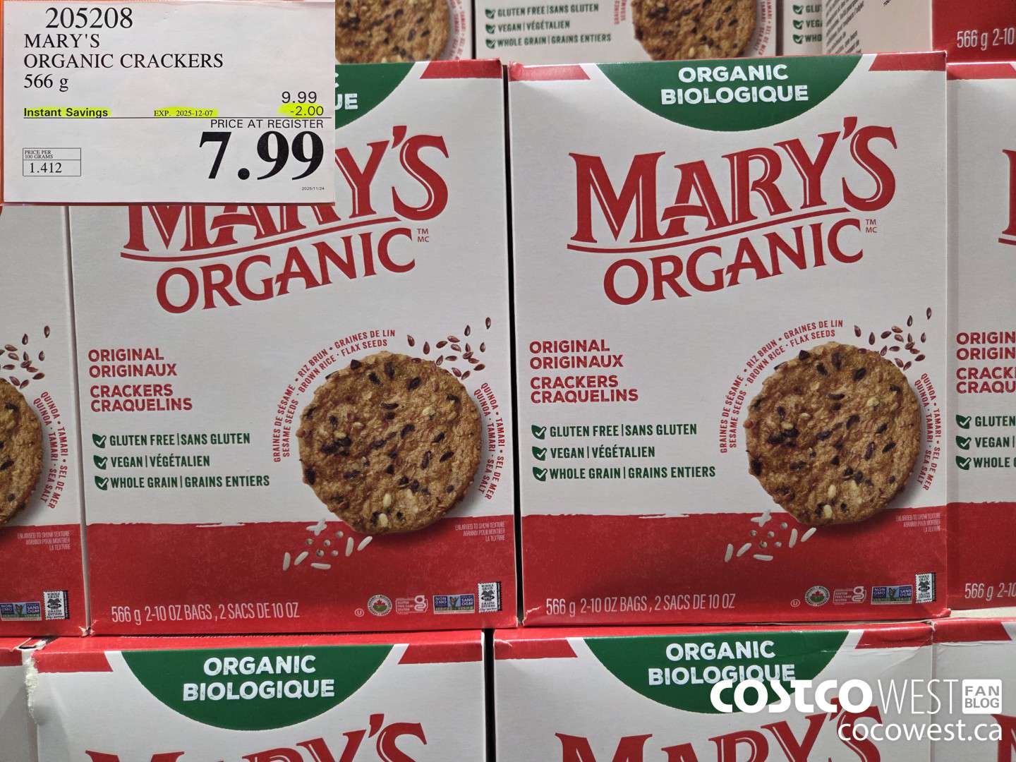 205208 MARY'S ORGANIC CRACKERS 566G ($2.00 INSTANT SAVINGS EXPIRES ON 2025-12-07) $7.99