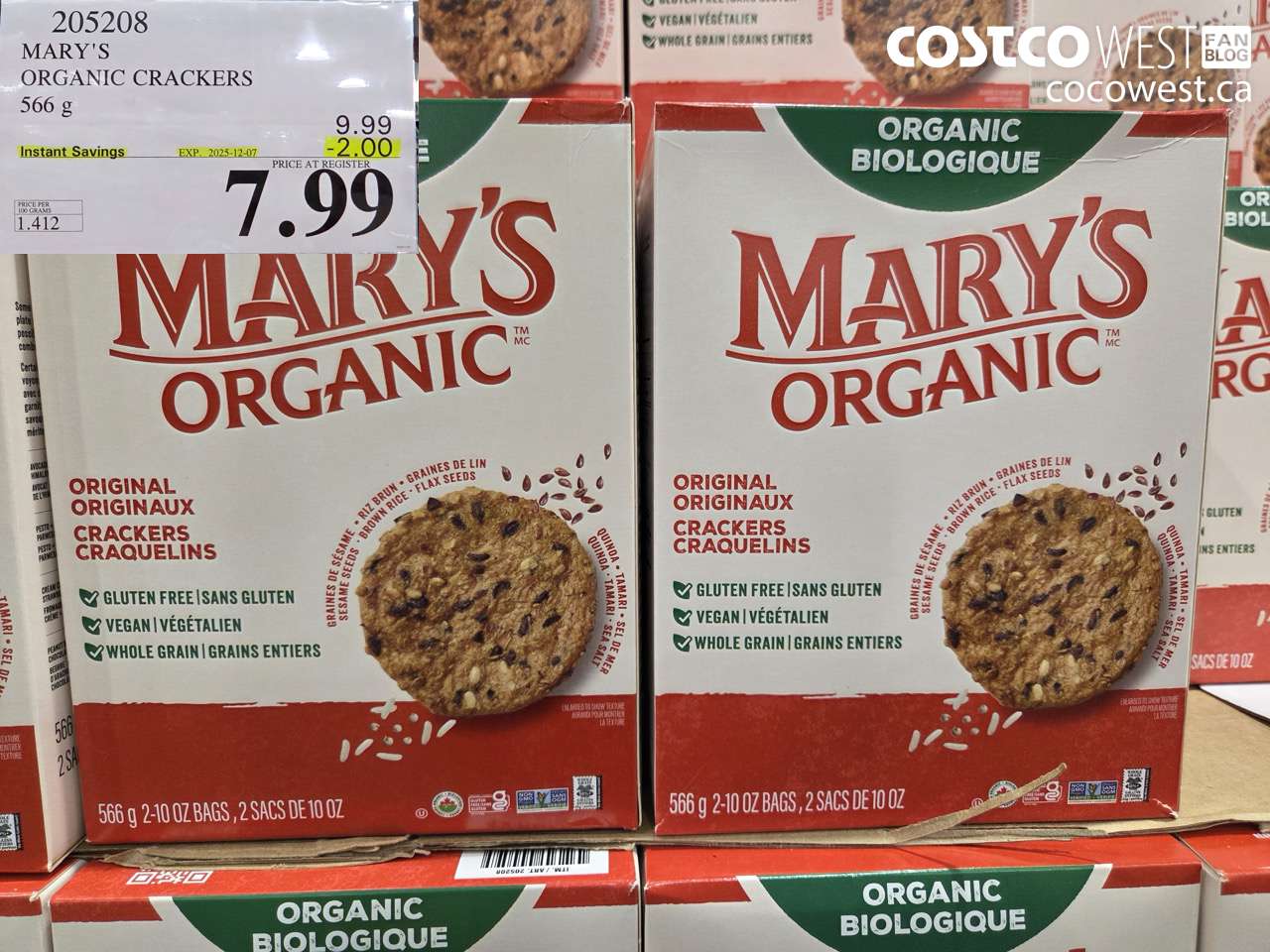 205208 MARY'S ORGANIC CRACKERS 566G ($2.00 INSTANT SAVINGS EXPIRES ON 2025-12-07) $7.99